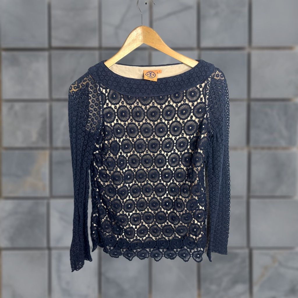 Tory Burch Tory Burch Lace Crochet Top Navy Womens 4 Long Sleeve Sheer Eyelet Blouse Size S / US 4 / IT 40 - 1 Thumbnail