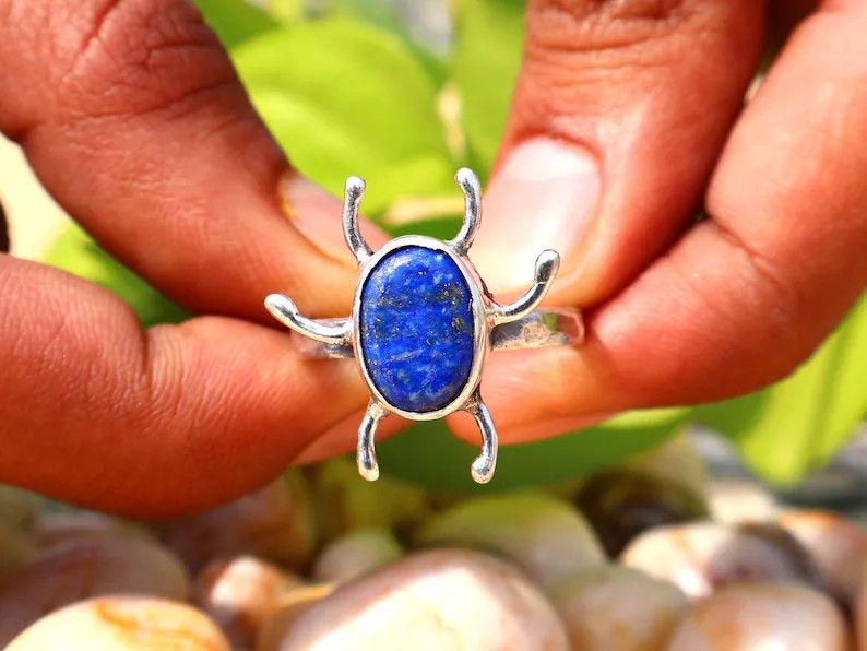 Handmade Lapis Lazuli Insect Ring, Handmade 925 Silver Scarab Beetle Size ONE SIZE - 1 Thumbnail