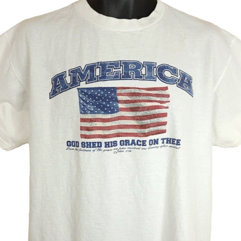 Delta VINTAGE Christian American Flag T Shirt Mens Size Large Y2K God Shed His Grace On Thee White Cotton Delta Crew Neck Short Sleeve Shirt Size US L / EU 52-54 / 3 - 2 Thumbnail