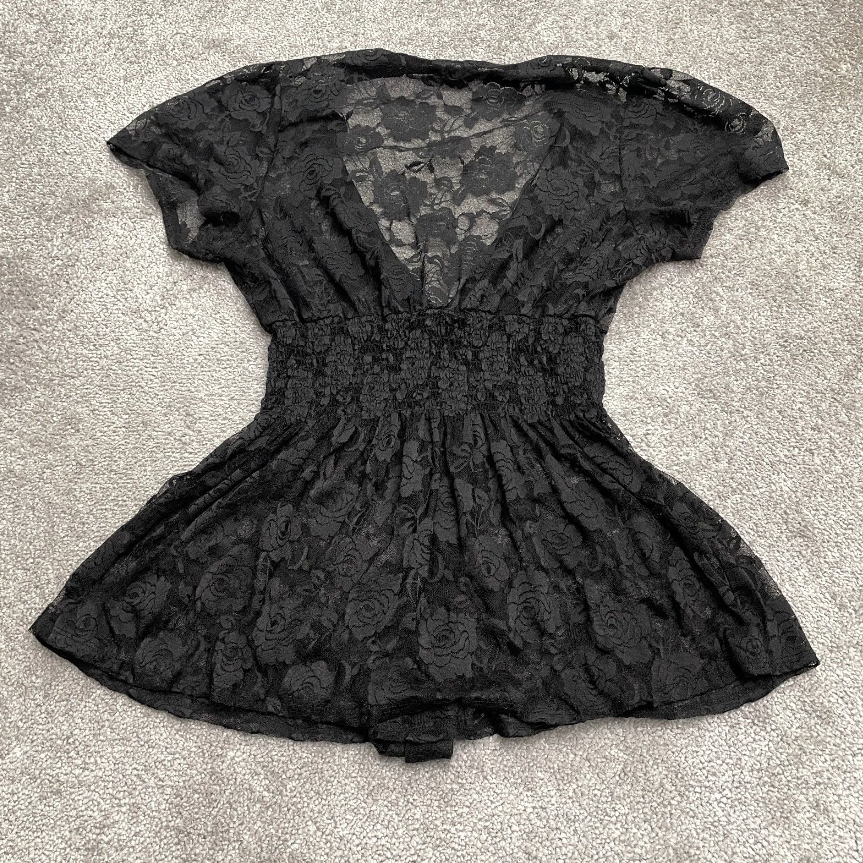 Vintage Eyeshadow Dress Women A-Line Mini 0 Black Lace Short Sleeve V-Neck Casual Smocked Lightweight Summer Size 25" / US 0 / IT 36 - 2 Thumbnail