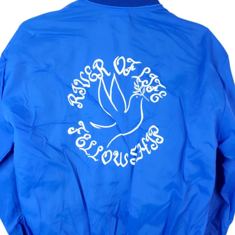 Vintage VINTAGE Kamped Firez Jacket Mens Large Blue 80s 90s Christian Windbreaker USA Leather? Nylon? Size US L / EU 52-54 / 3 - 4 Thumbnail