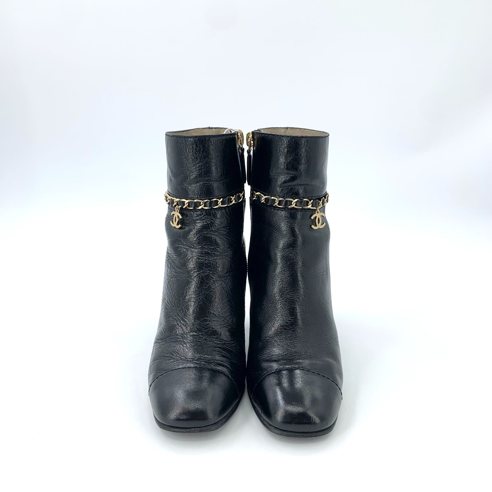 Chanel Chanel Black Leather Ankle Boots With Gold Chain & CC Charm Size US 5 / IT 35 - 3 Thumbnail