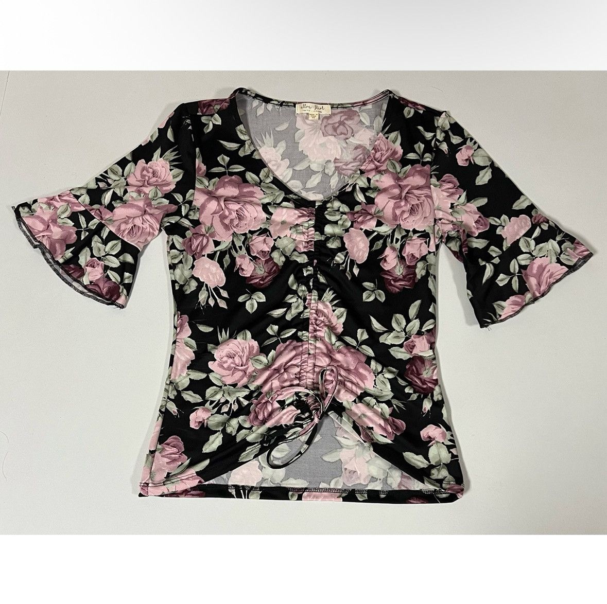 Vintage Ultra Flirt Black Purple Floral Ruched Shirt Top Blouse XS🪻✨ Size XS / US 0-2 / IT 36-38 - 1 Thumbnail