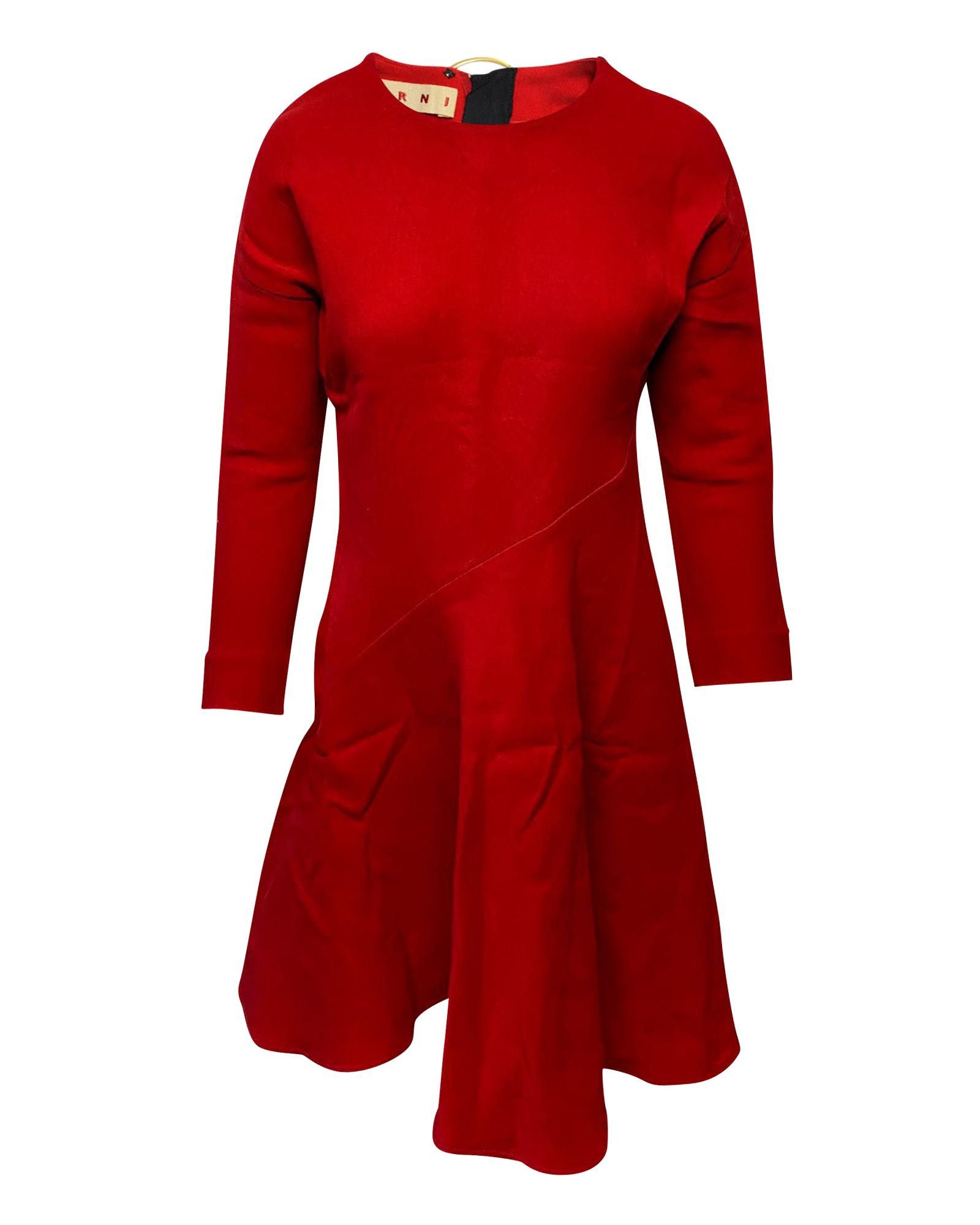 image of Marni Flared Hem Long Sleeved Dress In Red Silk, Women's (Size XS)