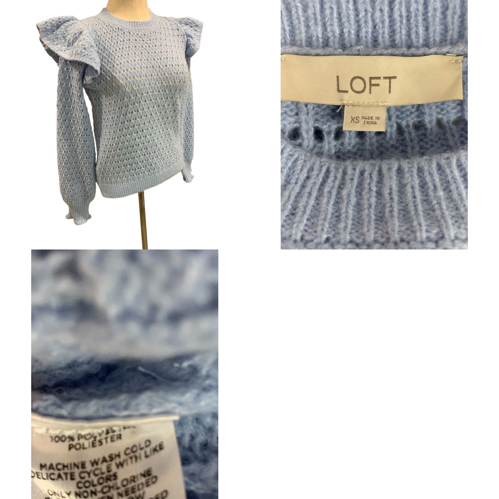 Loft VINTAGE Loft XS Womens Blue Open Weave Sweater Ruffle Shoulder Pullover Size XS / US 0-2 / IT 36-38 - 8 Thumbnail