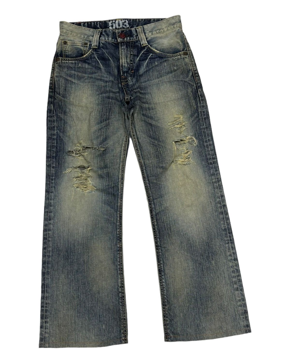 Le Grande Bleu (L.G.B.) 🔥EDWIN 503 BLUE TRIP FLARE RUSTY GRUNGE DENIM JEANS Size 31" - 3 Thumbnail