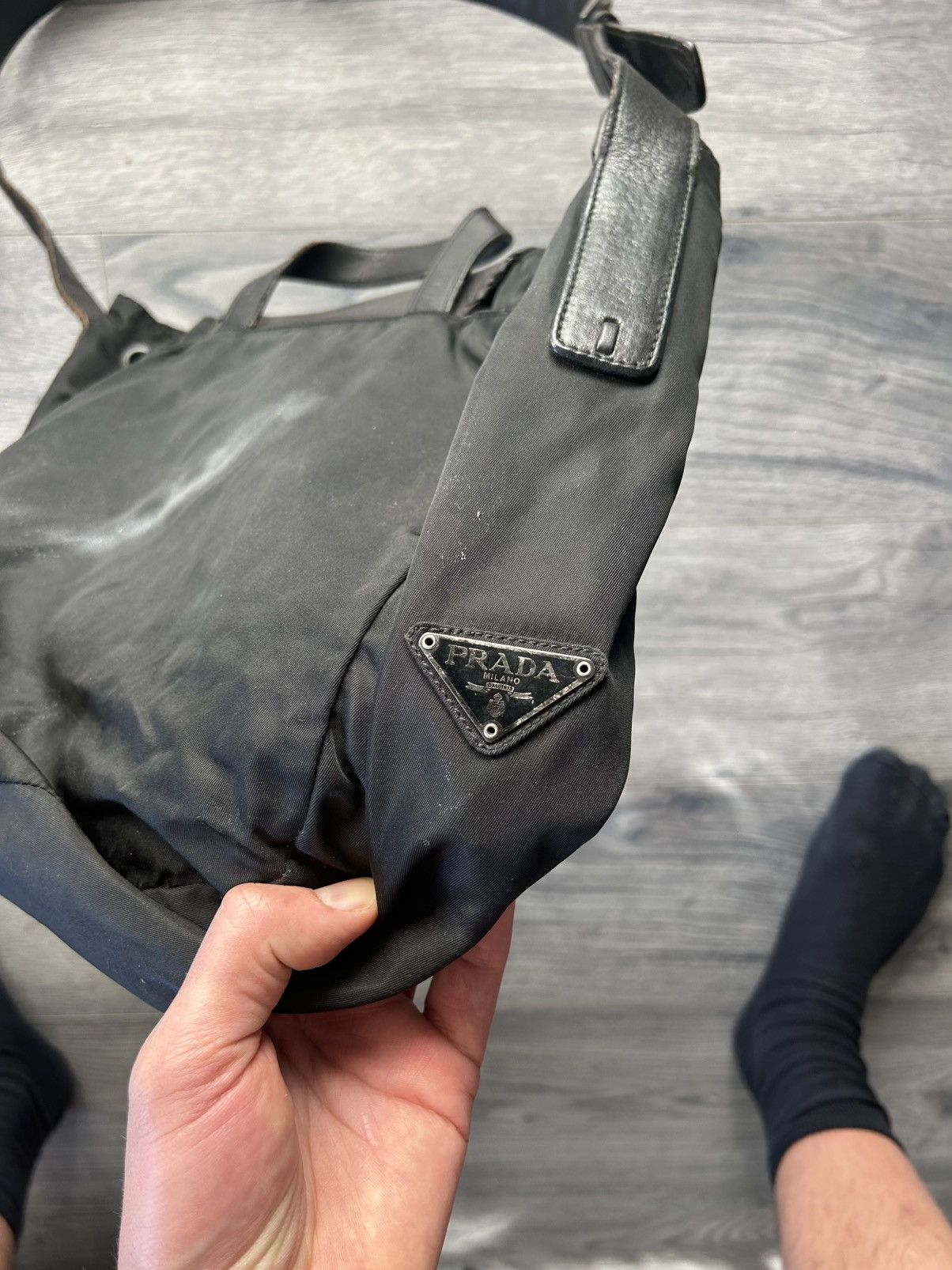 Prada Black Nylon and Leather Shoulder Bag with Studded Pocket Size ONE SIZE - 3 Thumbnail