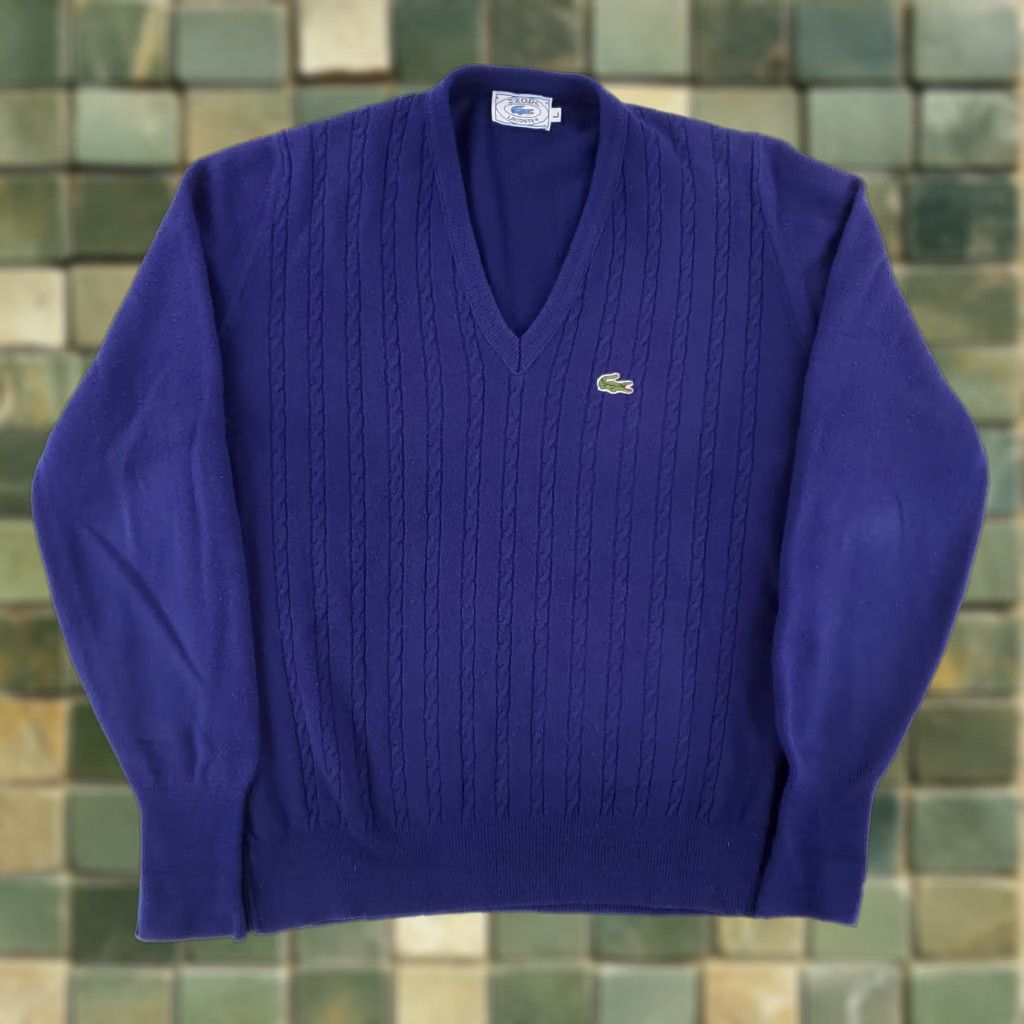 Lacoste VINTAGE Lacoste Izod VTG 80s Cable Knit V-Neck Sweater Blue Mens L Size US L / EU 52-54 / 3 - 1 Thumbnail