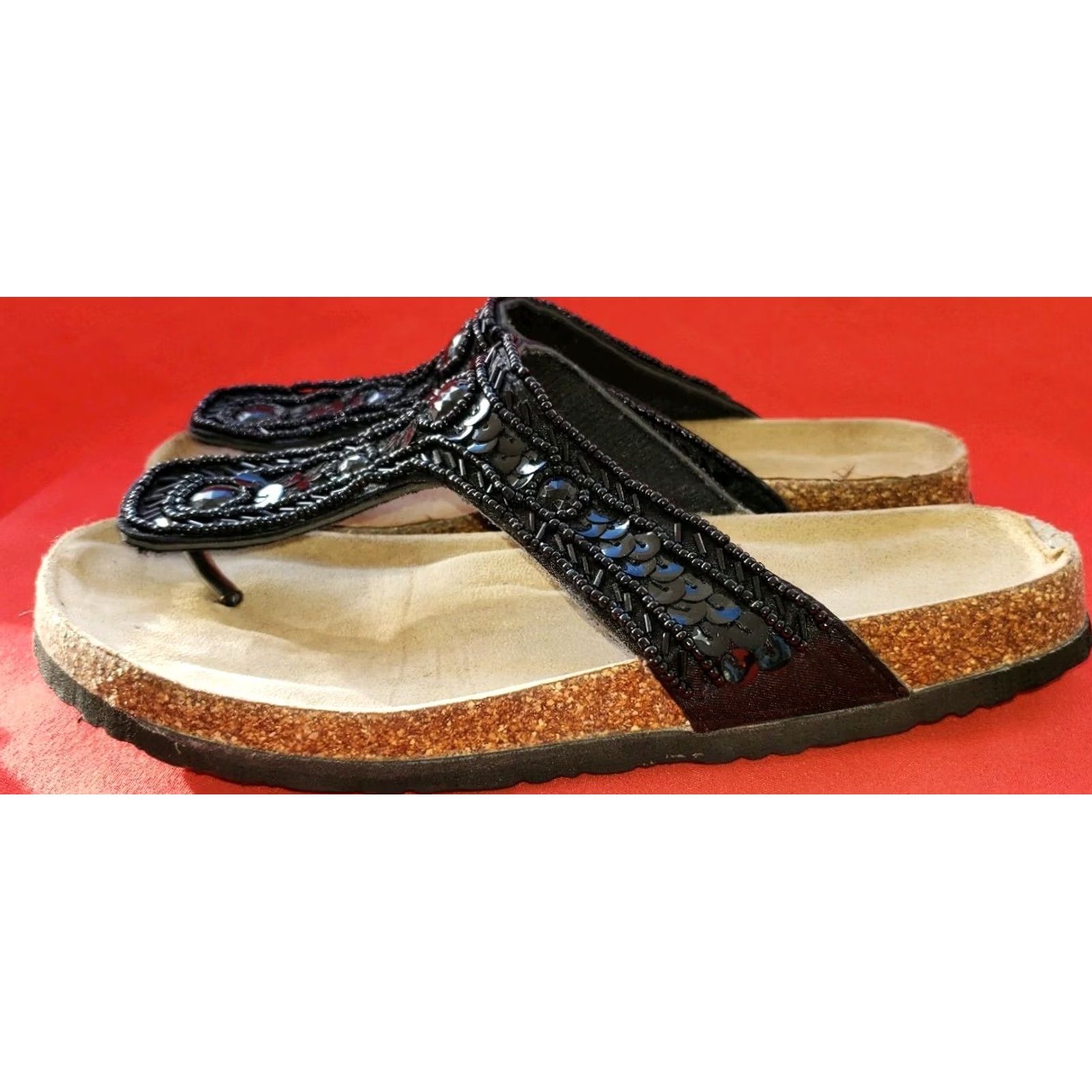Vintage Women's Black Sandal Size 7-7.5M Toe Post With Sequins And Beads Size US 7.5 / IT 37.5 - 6 Thumbnail