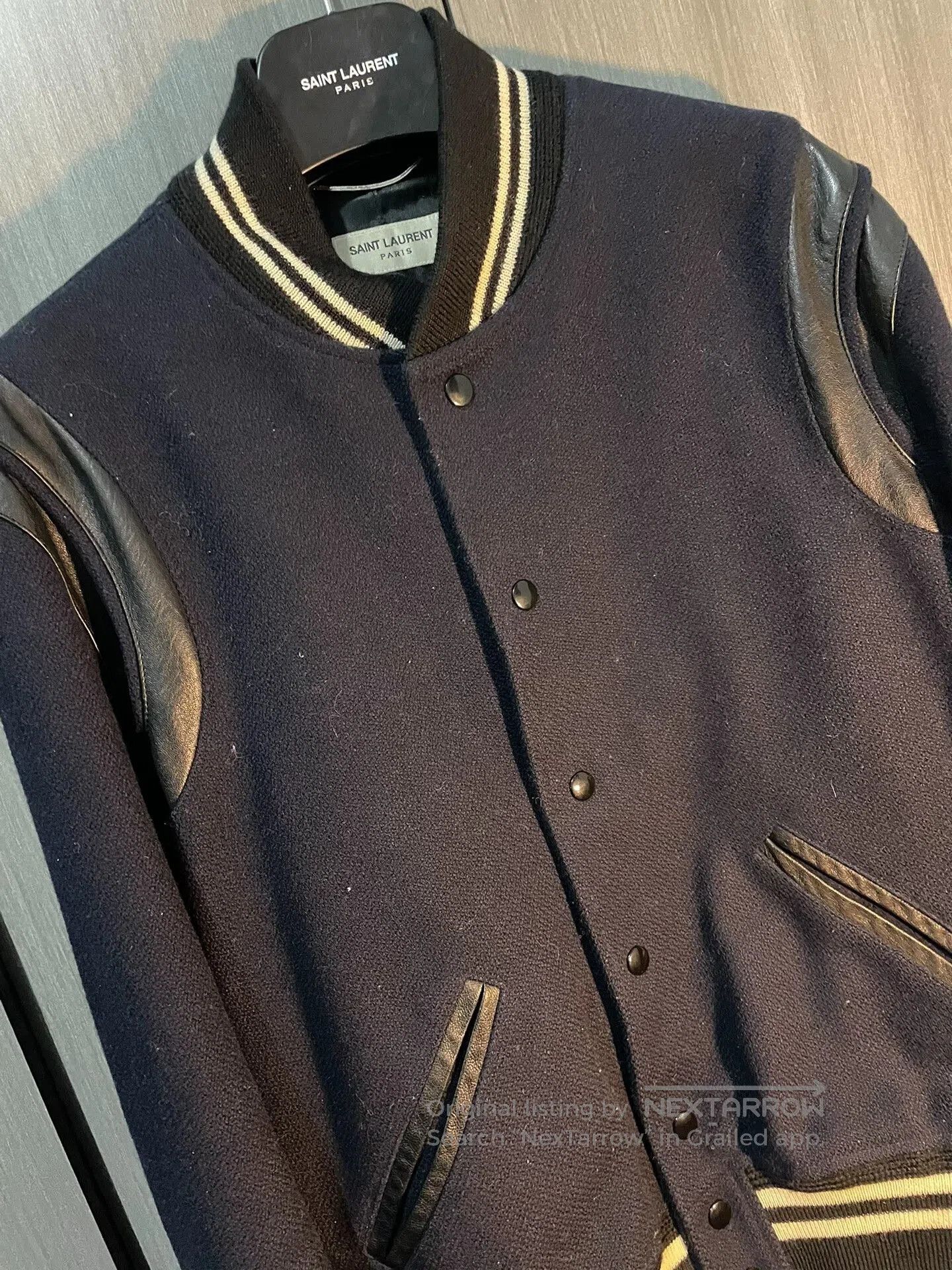 Saint Laurent Paris Saint Laurent Navy Leather Sleeves Varsity Jacket. Size US M / EU 48-50 / 2 - 2 Thumbnail