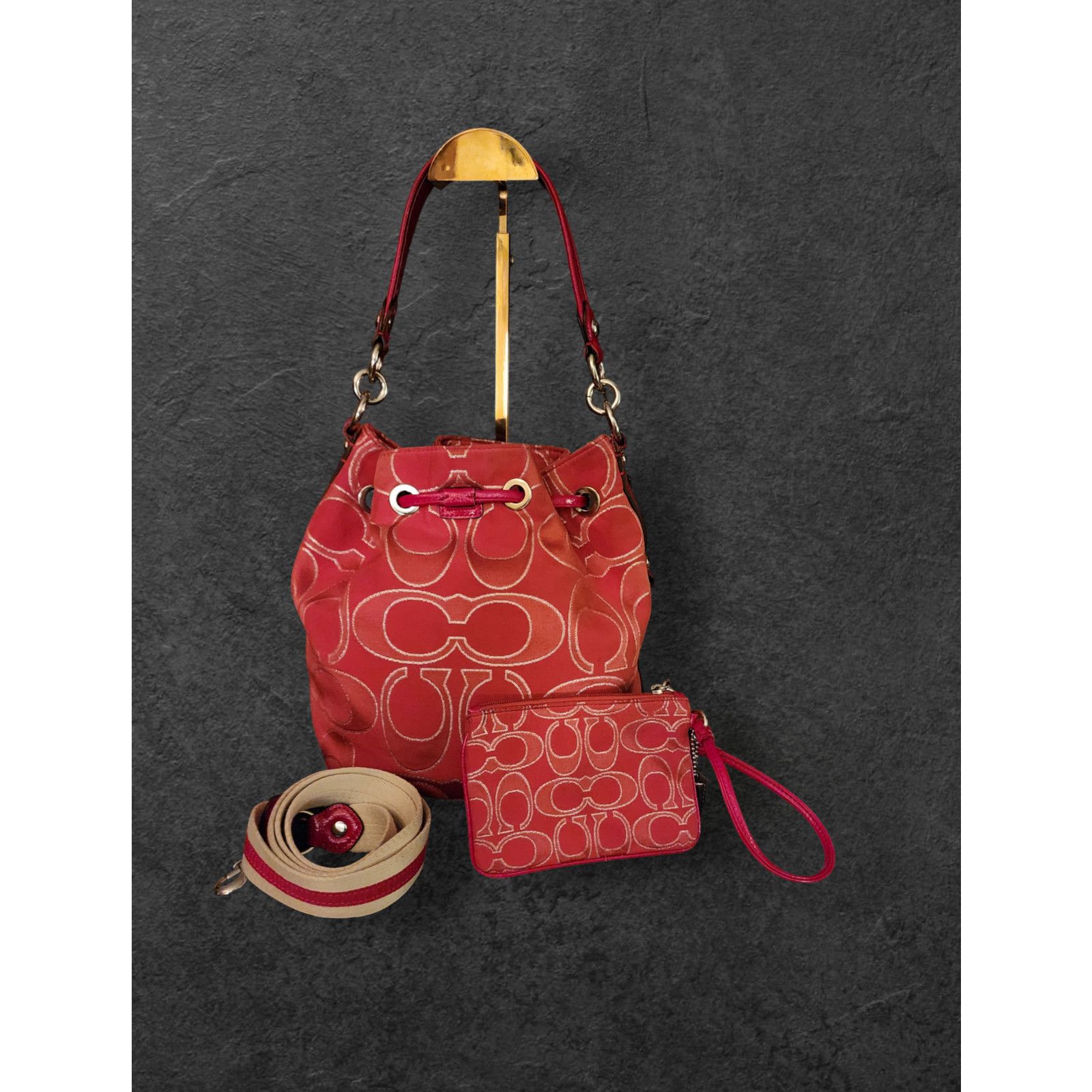 Coach Coach Poppy Signature Lurex draw string bag 17930 Red Silver