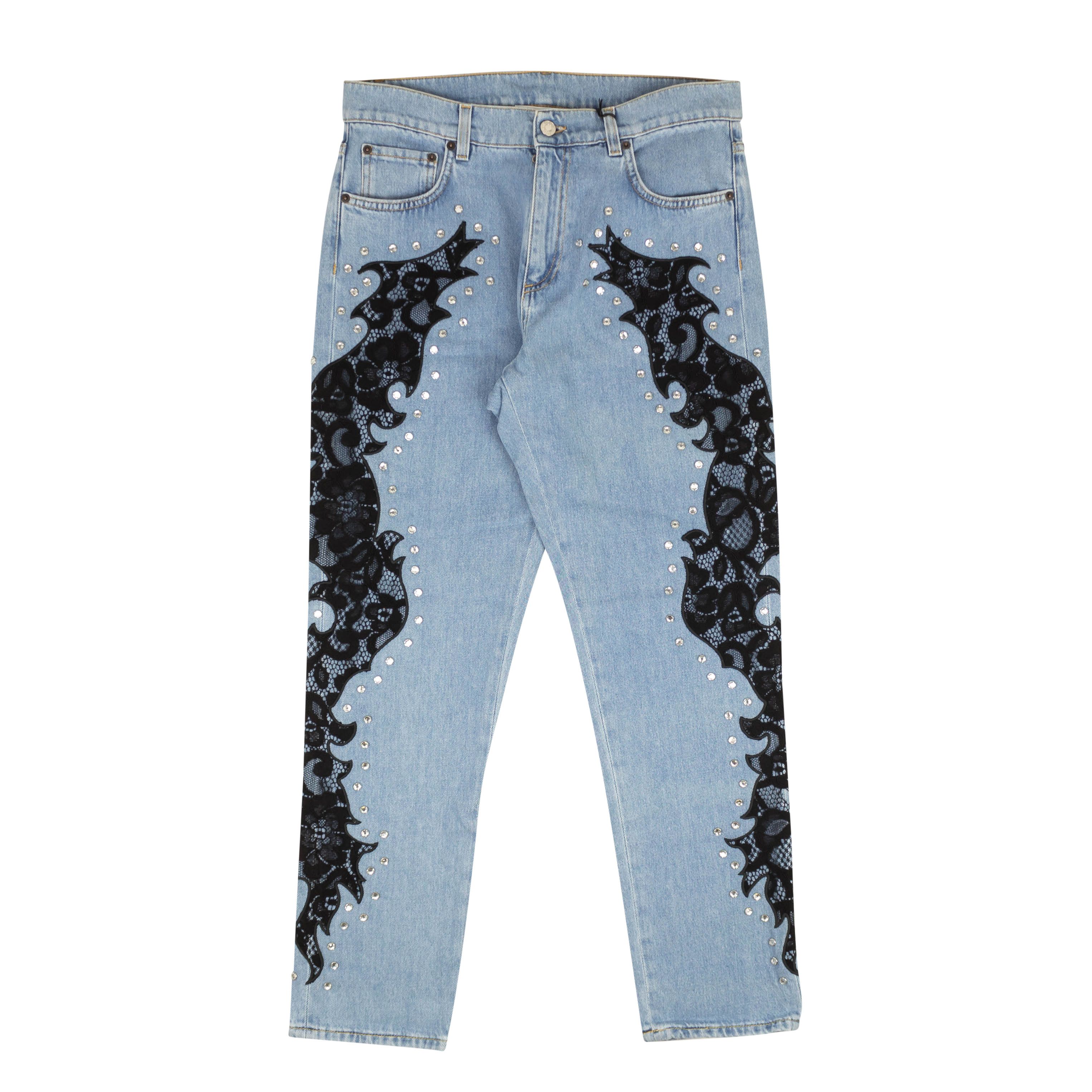 image of Moschino Couture Blue Black Lace Flame Detail Jeans Size 8/44, Women's