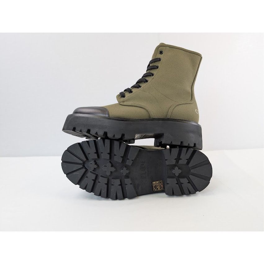 Celine o1rshd1 Canvas Bulky Shiny Lace-Up Boots Olive Green / Black Size US 9 / EU 42 - 1 Thumbnail