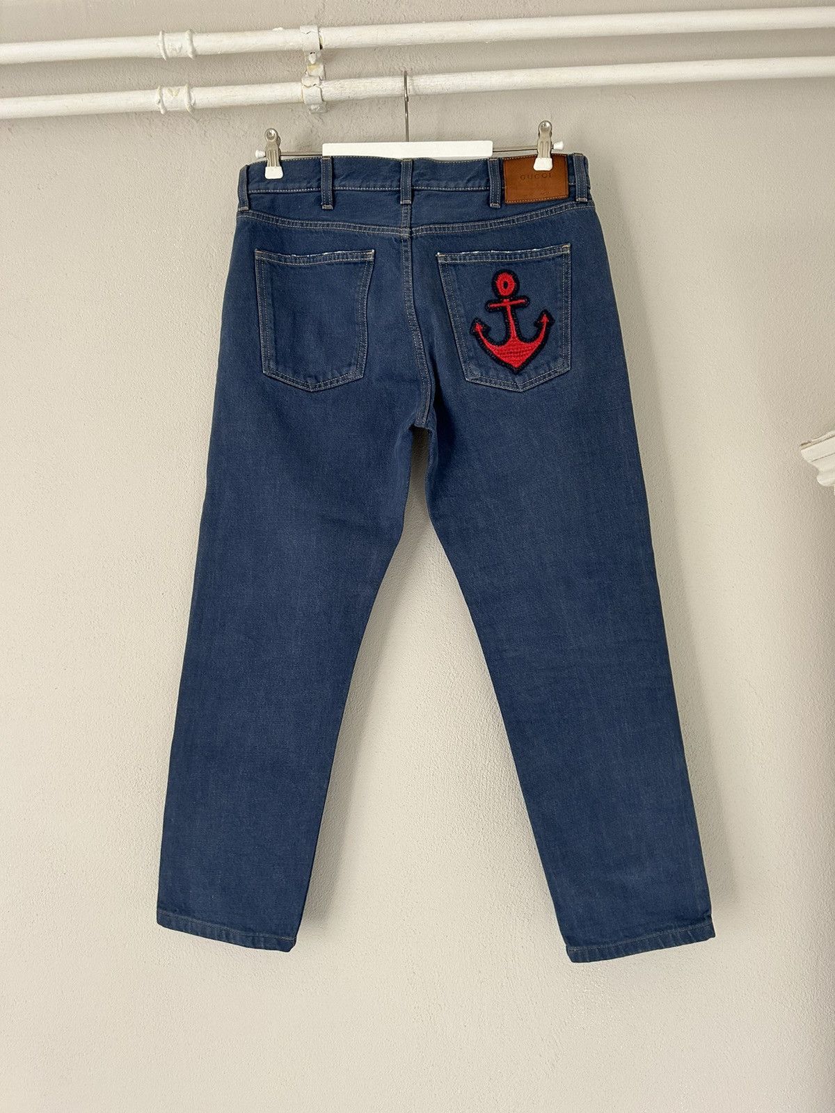 image of Gucci Anchor Patch Slim Fit Denim Jeans in Blue, Men's (Size 33)