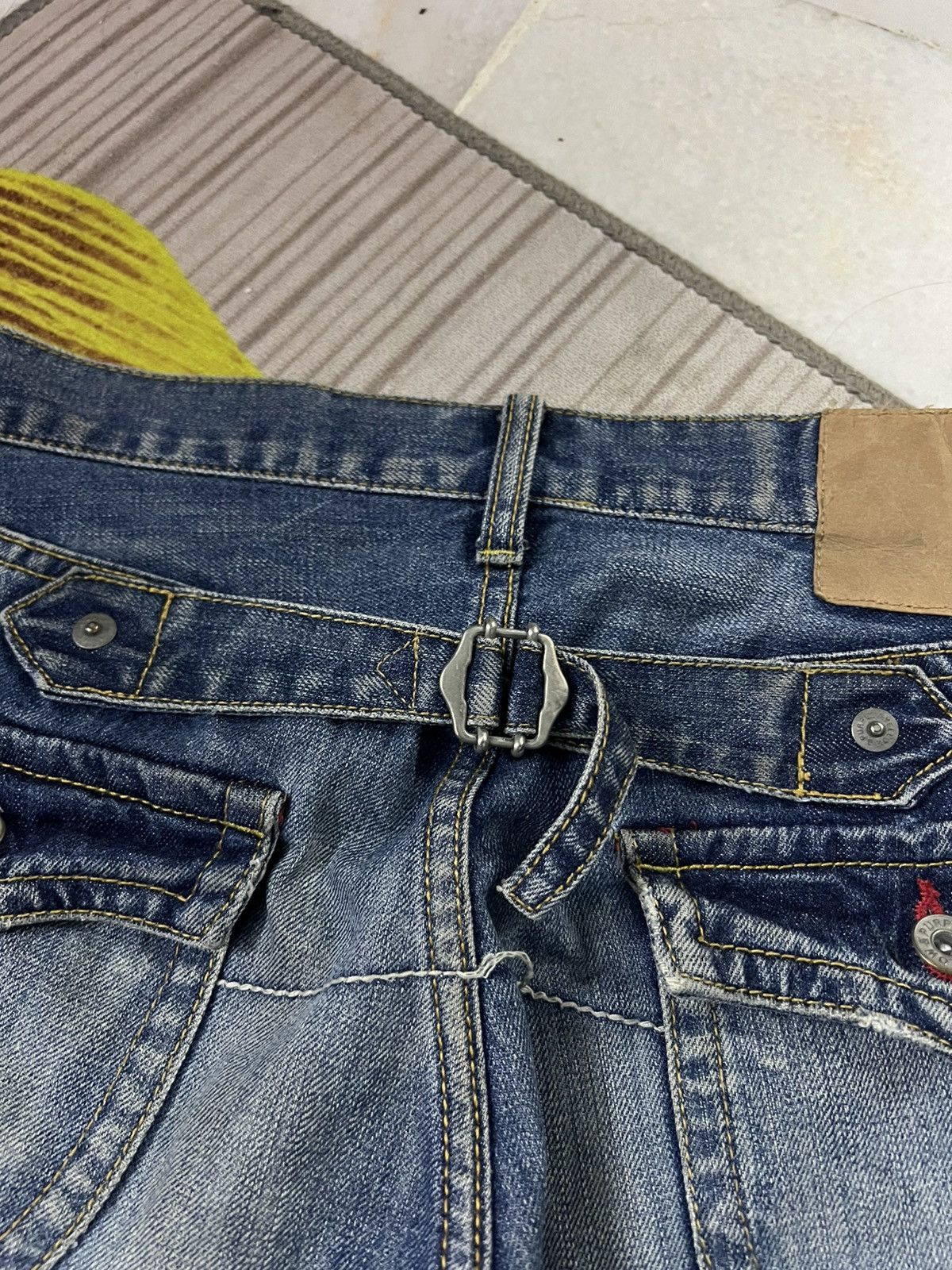 Japanese Brand 💥Twist Leg💥Purple & Yellow Distress Backle Back Flare Jean Size US 31 - 22 Thumbnail