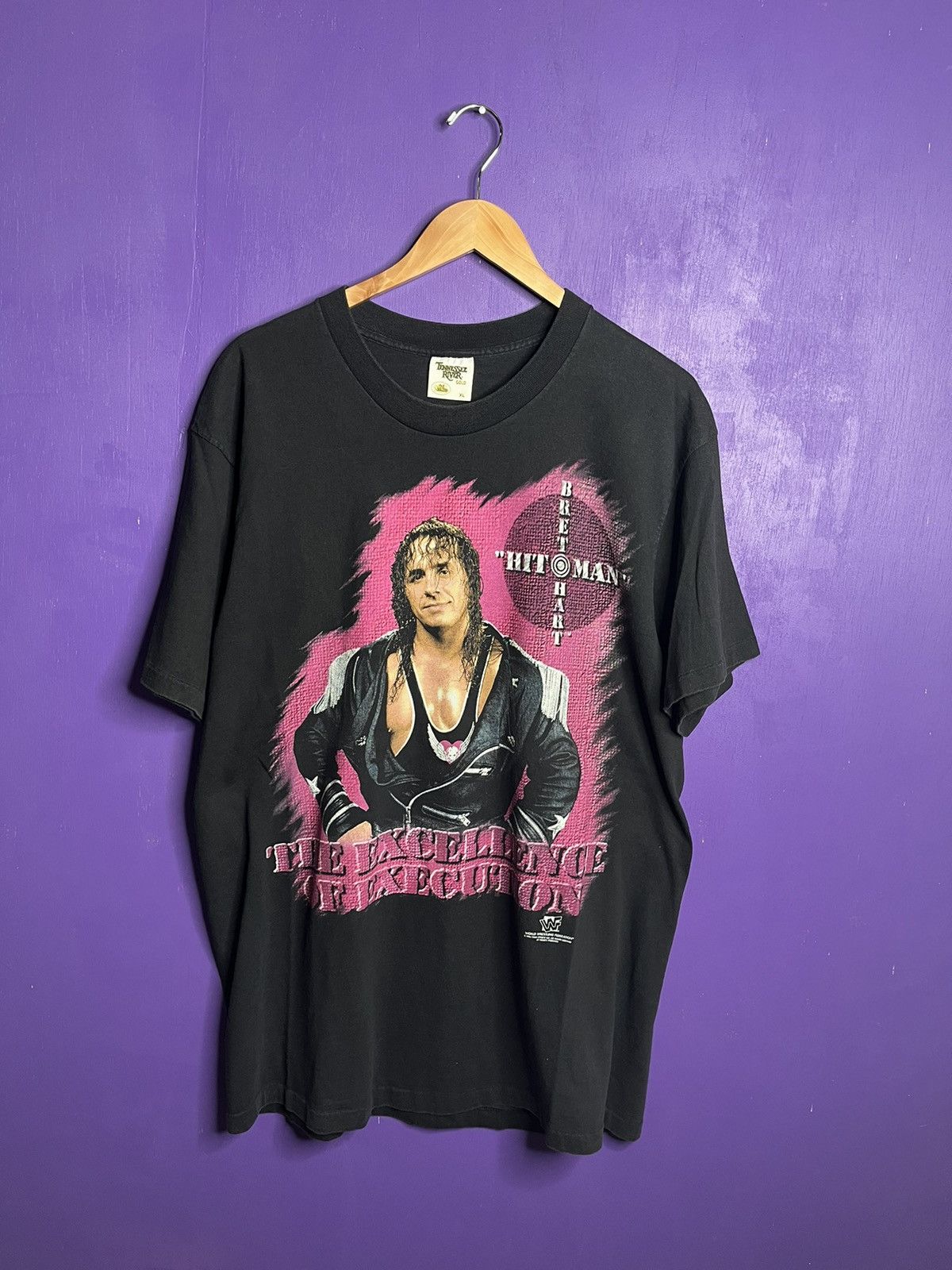 Image of Made In USA x Vintage 1996 Bret The Hitman Heart Wwf T-Shirt in Black, Men's (Size XL)