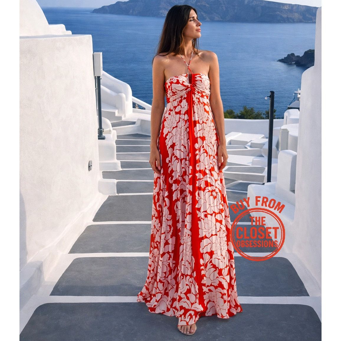 Mango Red Floral Pleated Halter Maxi Dress NWT