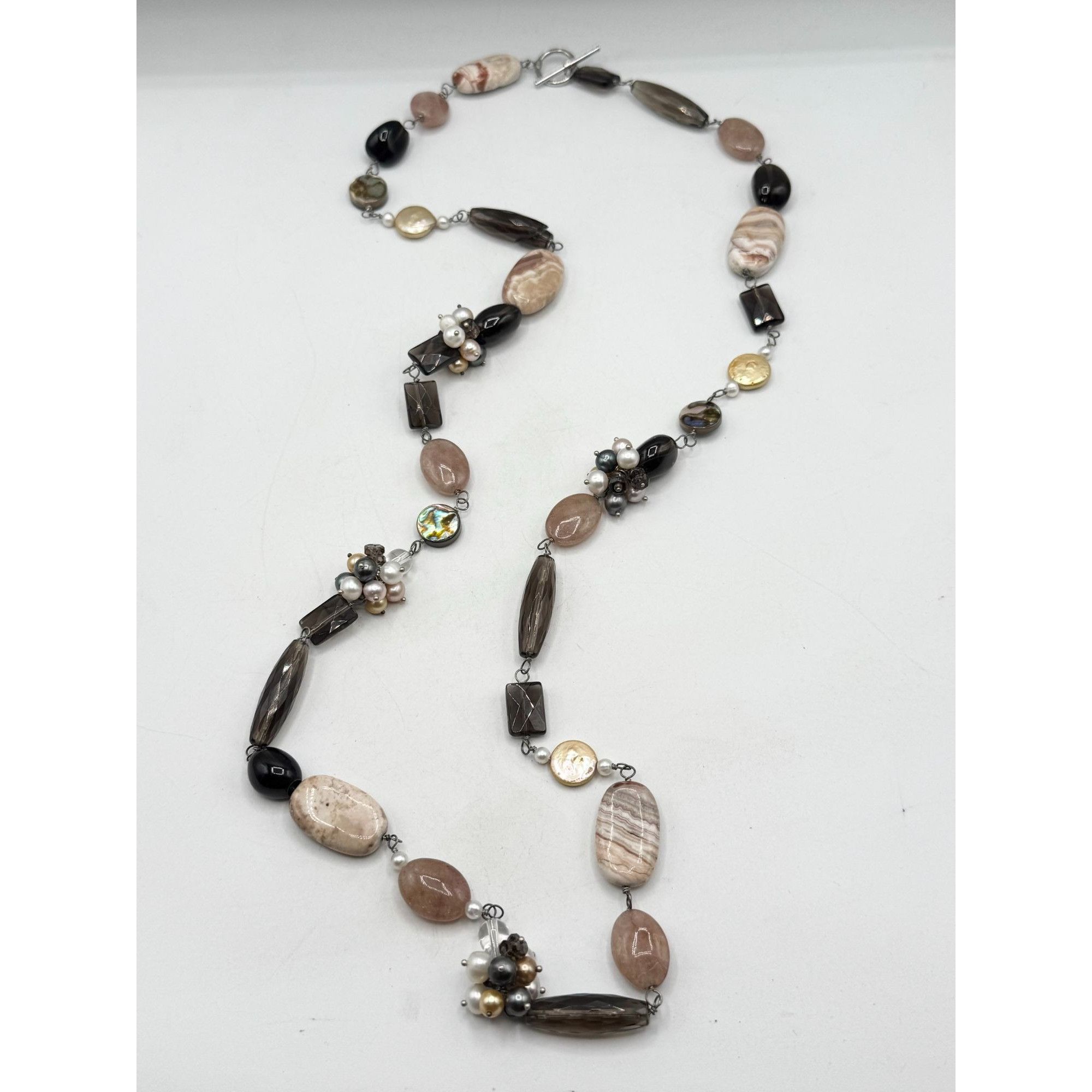 Vintage Genuine Pearl Agate Smokey Quartz Abalone Shell & MOP Long B Size ONE SIZE - 6 Thumbnail