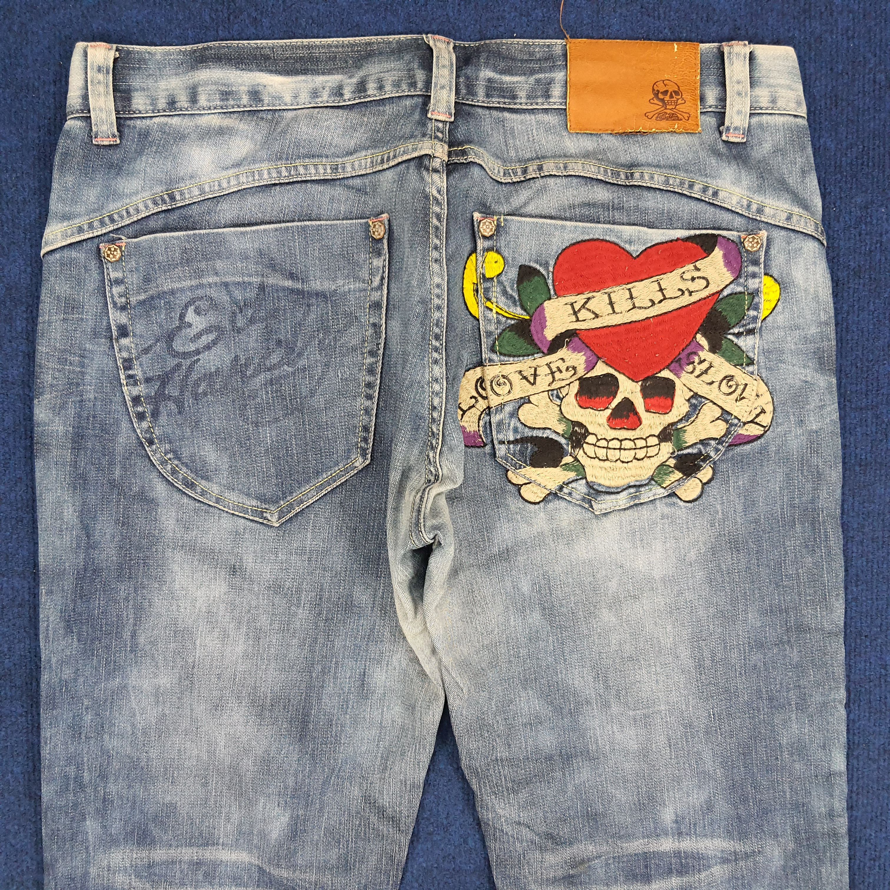 Designer × Ed Hardy × Vintage Vintage Ed Hardy Love Kills Slowly Embroidered Skull Jeans Size US 35 - 2 Thumbnail