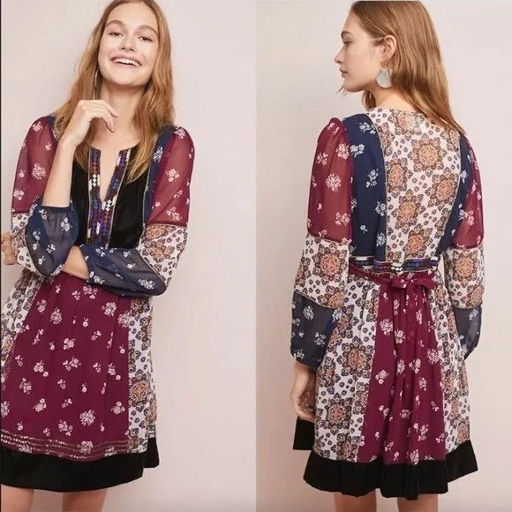 Anthropologie Maeve Quartier Latin Embroidered Patchwork Dr