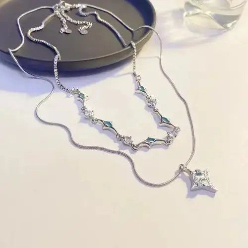 Japanese Brand Unisex Korean fashion star pendant double layer rhinestone Size ONE SIZE - 4 Thumbnail