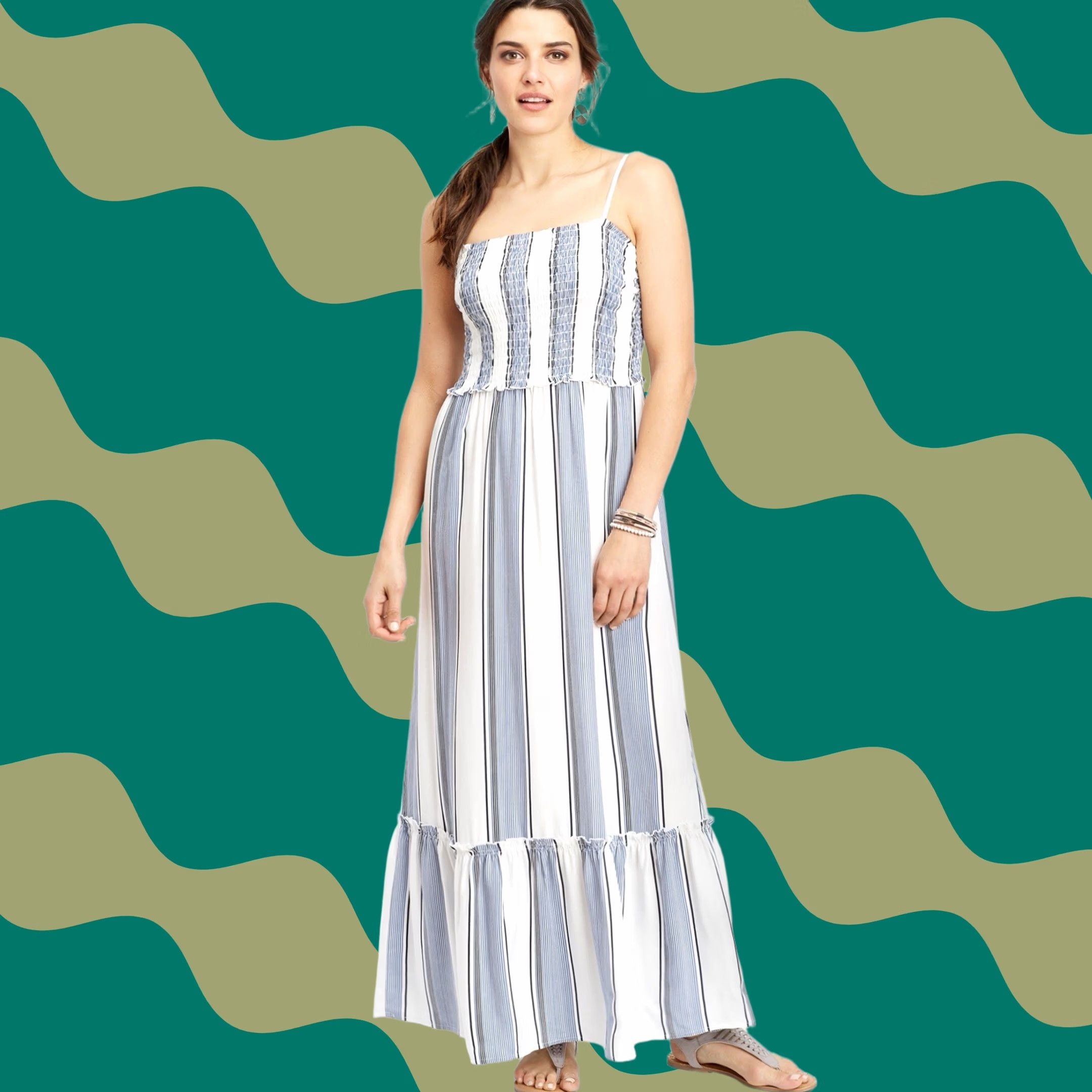 Vintage Maurices Women Blue/White Striped Smocked Tiered Sleeveless Maxi Dress S Size S / US 4 / IT 40 - 1 Thumbnail