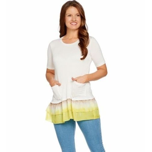 Other LOGO S White Yellow Tunic Top Stretch Knit Ruffle Hem Lori G Size S / US 4 / IT 40 - 1 Thumbnail