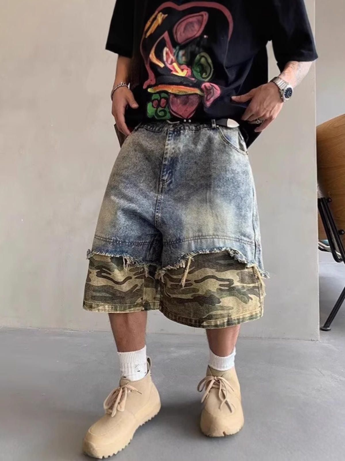 Other Camo Spliced Shorts – Washed, Distressed Retro Fit Size US 33 - 3 Thumbnail