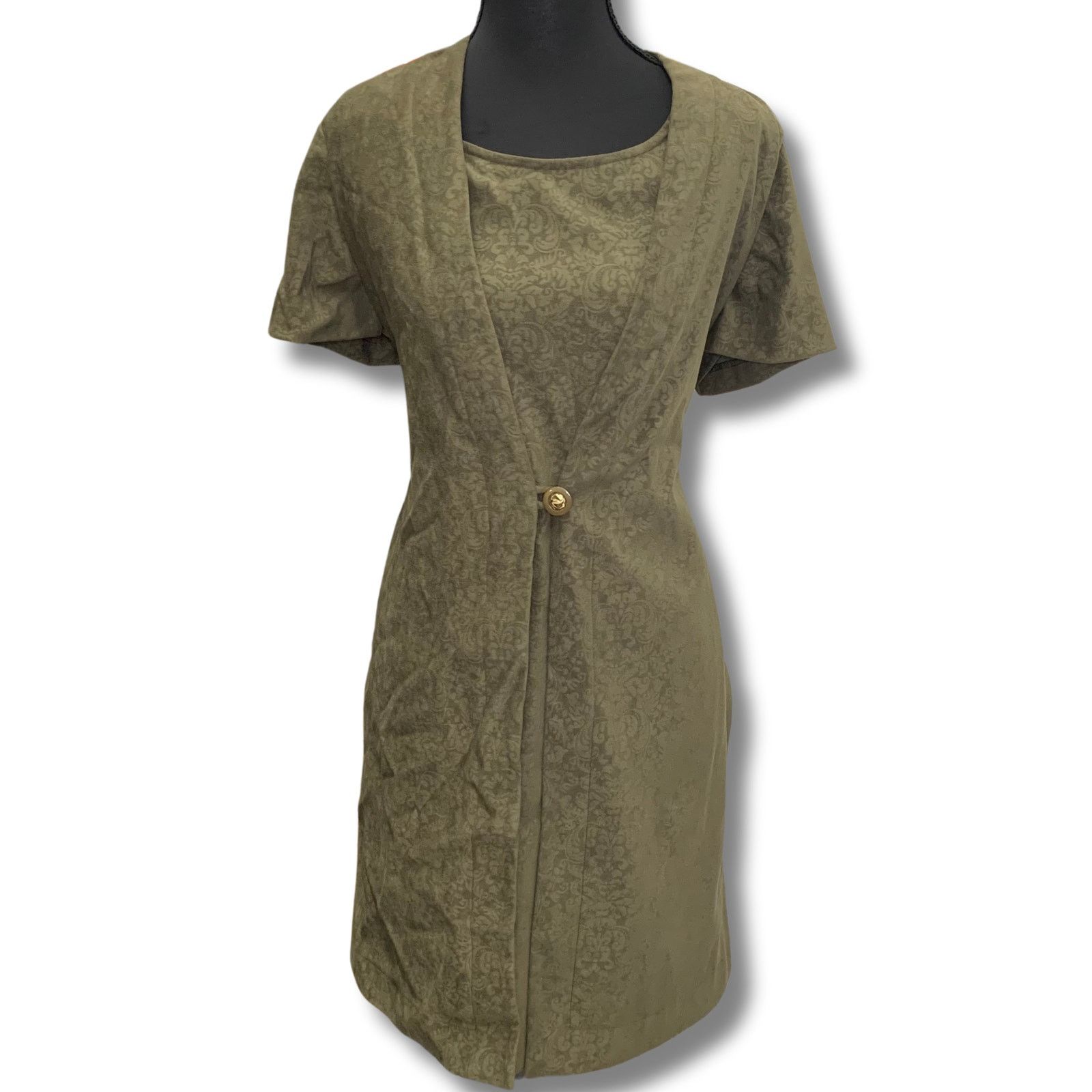 Vintage Vintage Olive Green Short Sleeved Midi Dress |12| Scarlett Size XL / US 12-14 / IT 48-50 - 1 Thumbnail