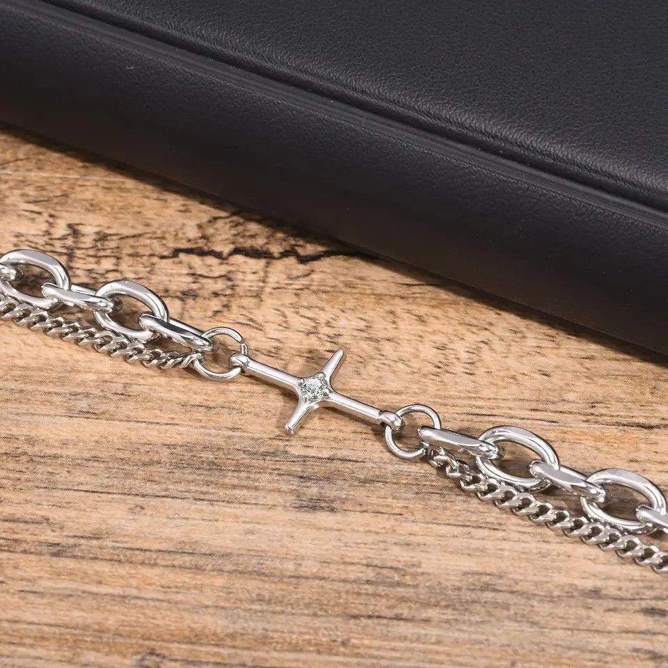 Jewelry Chrome Silver Cross Bracelet Goth God Pendant Chain Size ONE SIZE - 4 Thumbnail