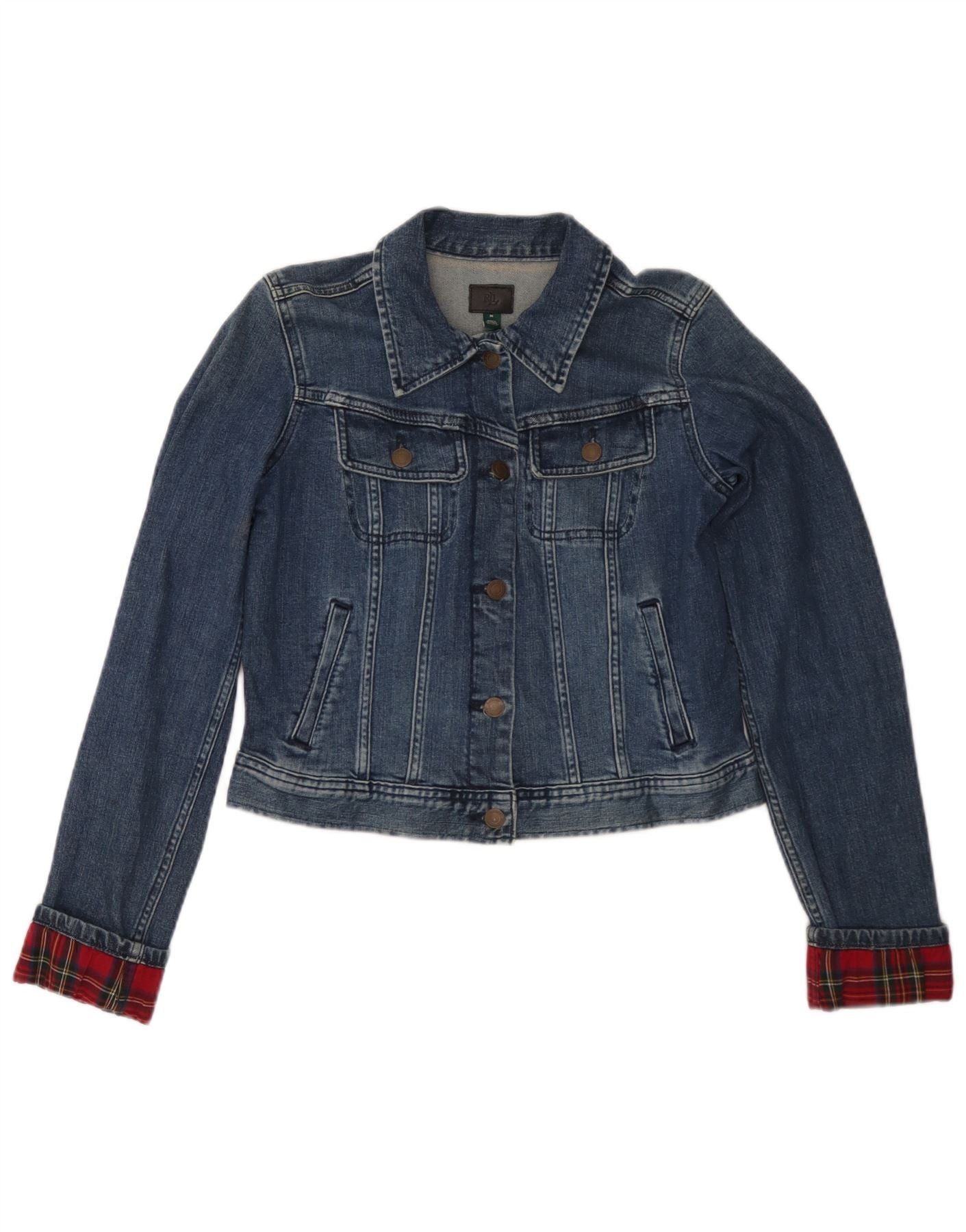 Ralph Lauren Womens Crop Denim Jacket UK 12 Medium Blue Check Cotton Size XS / US 0-2 / IT 36-38 - 1 Thumbnail