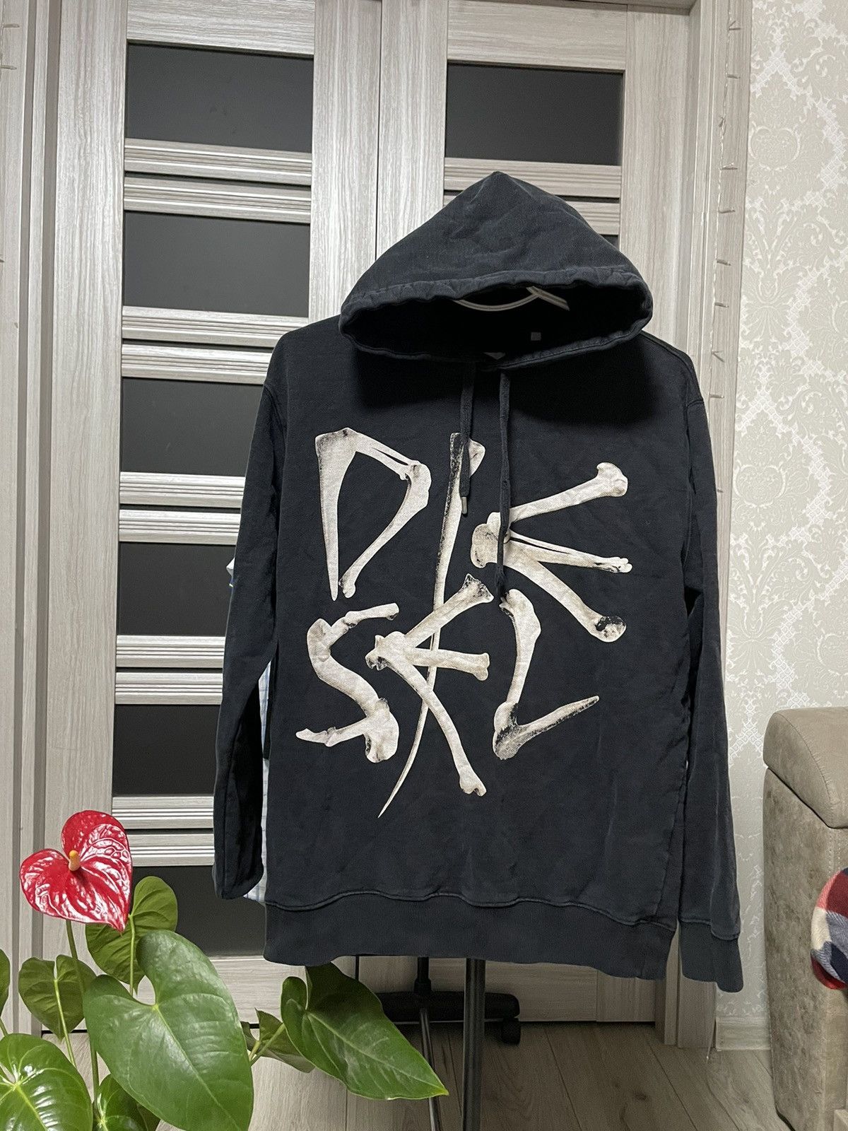 image of Diesel Vintage Bones Hoodie Logo Horror Hype in Black, Men's (Size Large)