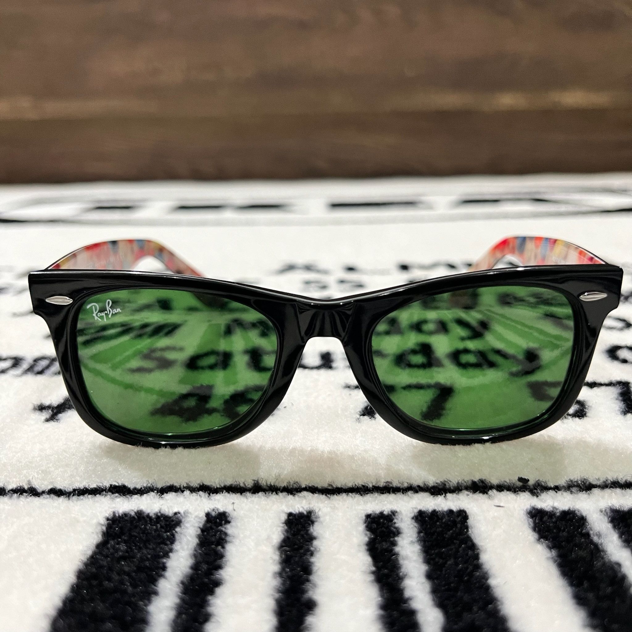 image of Rayban Prints Multicolour Rb2140A Wayfarer in Black Red, Women's