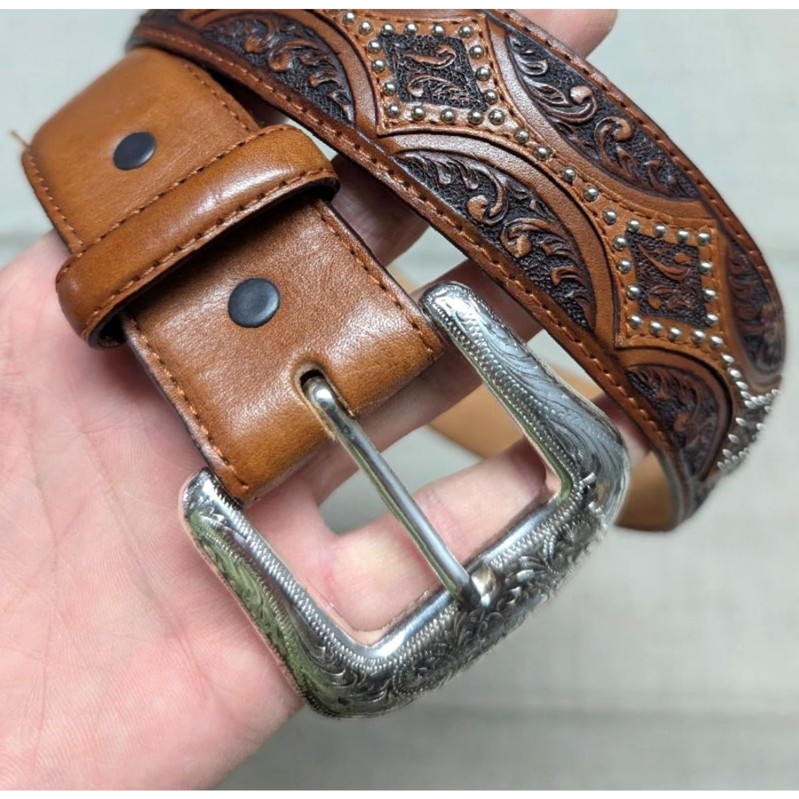 Vintage VINTAGE Justin Western Belt Leather 36 Brown Studded Tooled Buckle Men Belt Size 36 - 2 Thumbnail