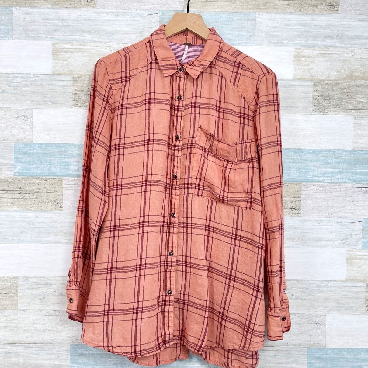 Free People Free People Linen No Limit Shirt Orange Plaid Longline M Size M / US 6-8 / IT 42-44 - 3 Thumbnail