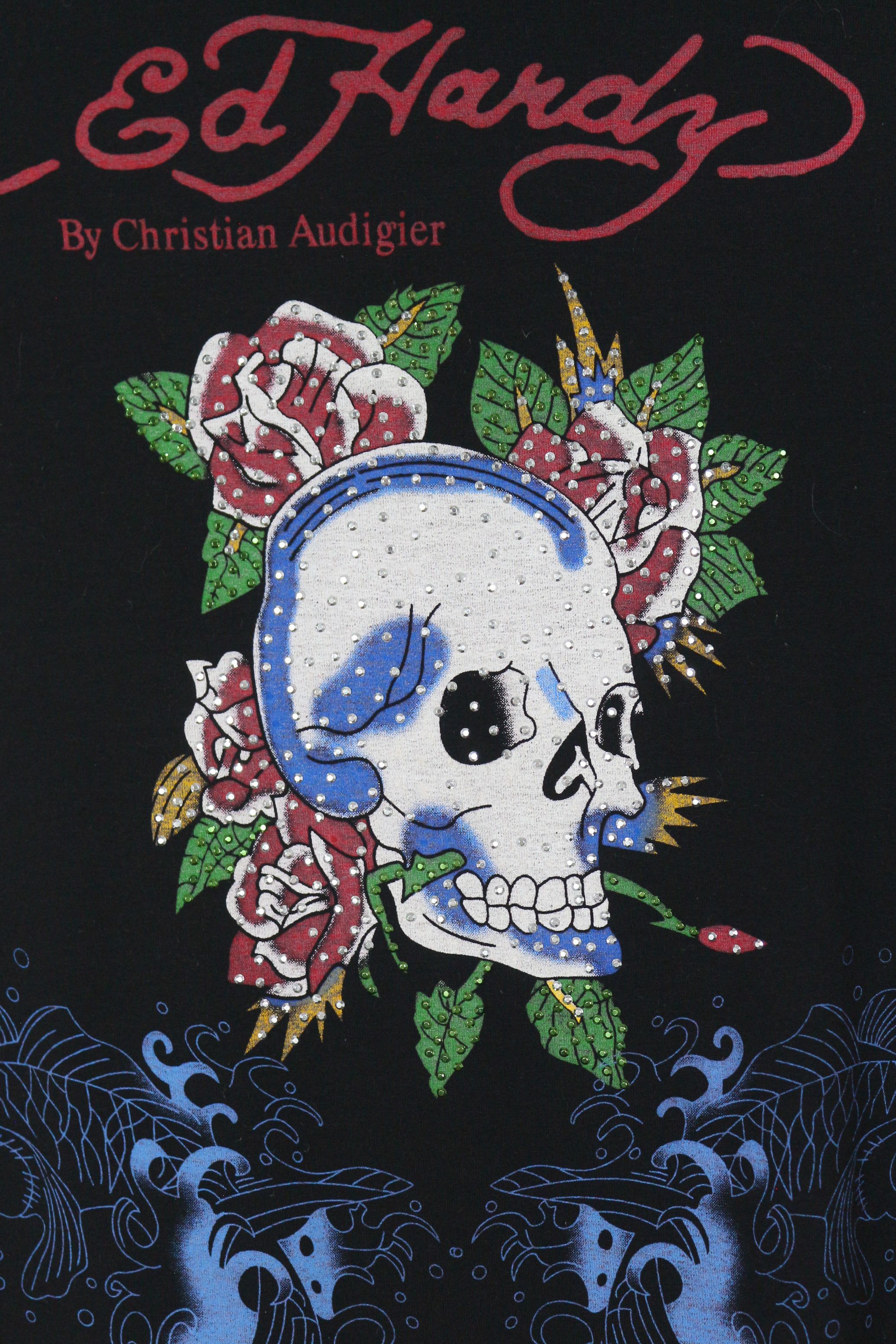 Christian Audigier × Ed Hardy Womens Ed Hardy Christian Audigier Skull Logo Tee Y2K NZ Size M / US 6-8 / IT 42-44 - 2 Thumbnail