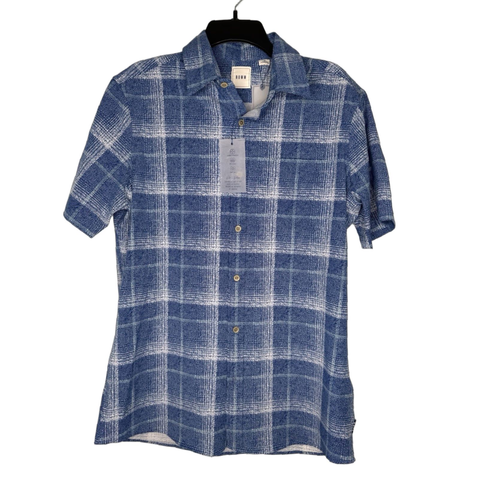 Vintage ROWM Mens Button-Up Shirt Blue White Checks Short Sleeve Collared Point 1 Regular M NWT Stretch Size US 31 - 1 Thumbnail