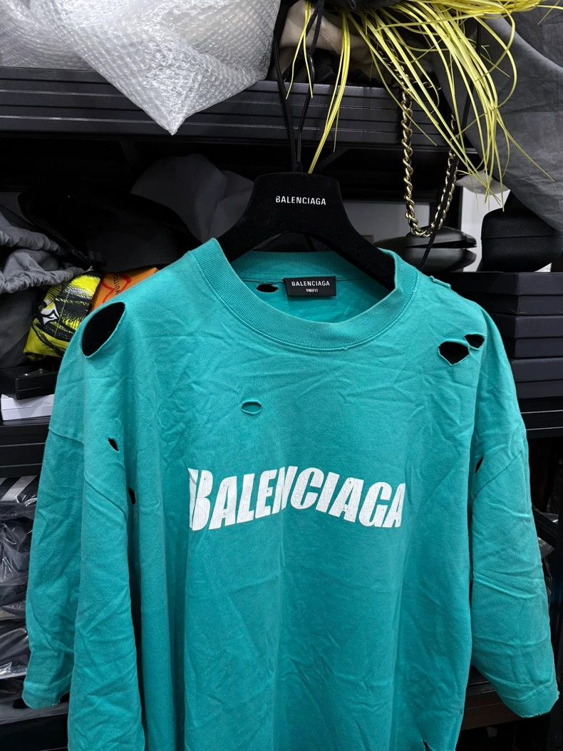 Balenciaga Balenciaga Teal Ripped Short Sleeve Size US XS / EU 42 / 0 - 2 Thumbnail