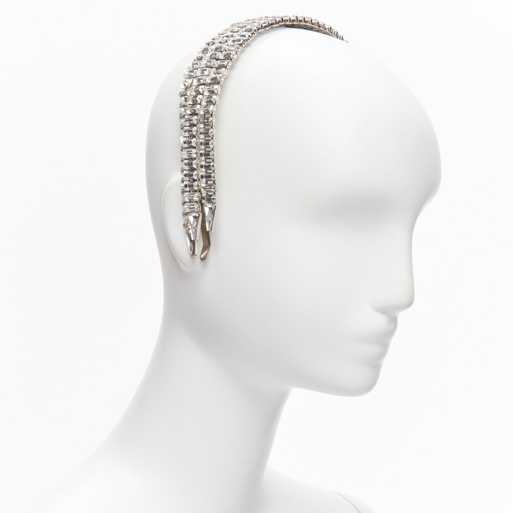 image of Gucci Alessandro Michele GG Logo Cascading Crystal Headband in Clear, Women's