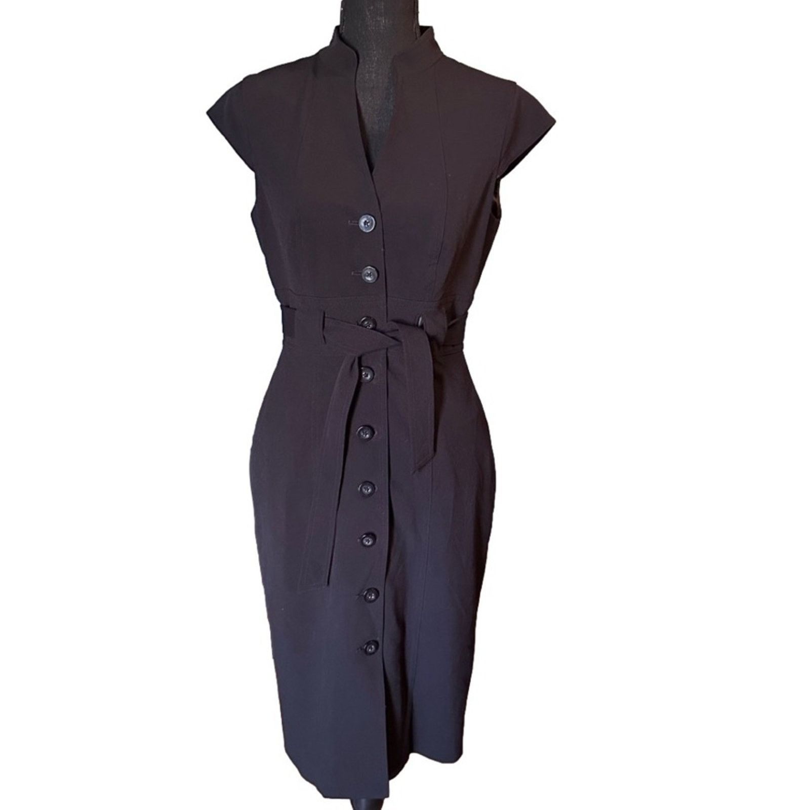 Calvin Klein Calvin Klein Black Cap Sleeve Belted Sheath Dress Size S / US 4 / IT 40 - 1 Thumbnail