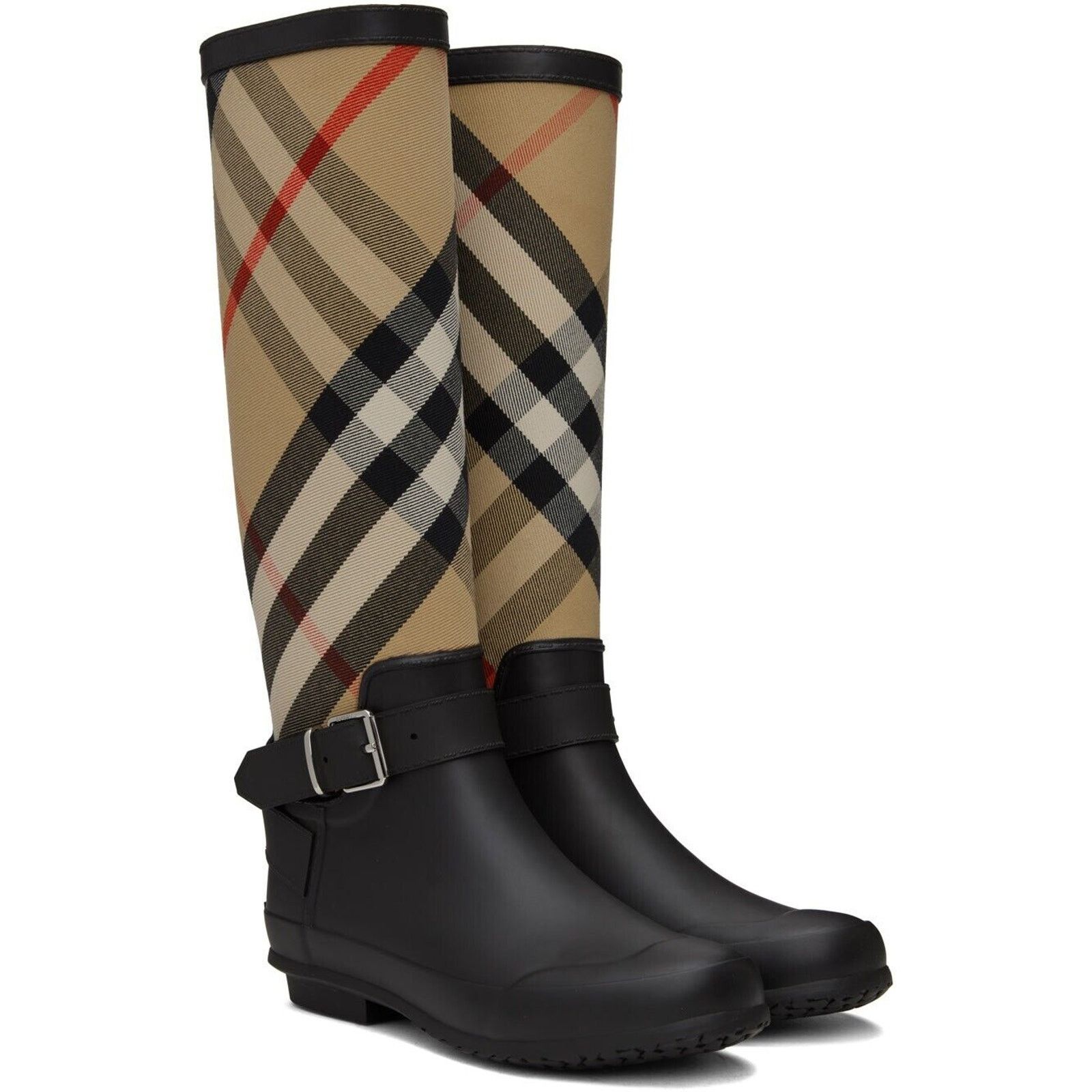 Burberry BURBERRY SIMEON BLACK RUBBER BEIGE CHECK RAIN BOOTS 40 10 Size US 10 / IT 40 - 1 Thumbnail