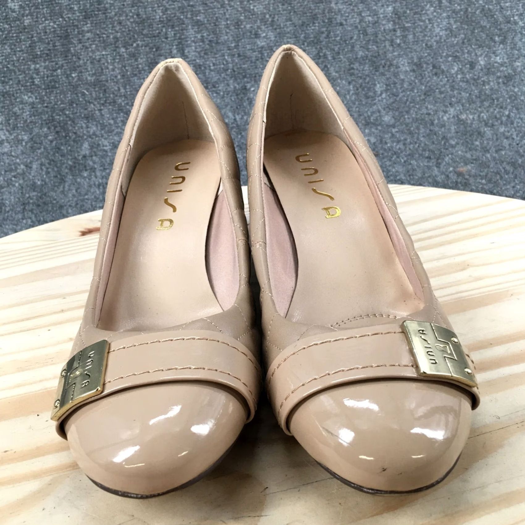 Vintage Unisa Shoes Womens 9.5 M Pump Wedge Heels Slip On Beige Faux Leather Cap Toe Womens Shoes Size ONE SIZE - 6 Thumbnail