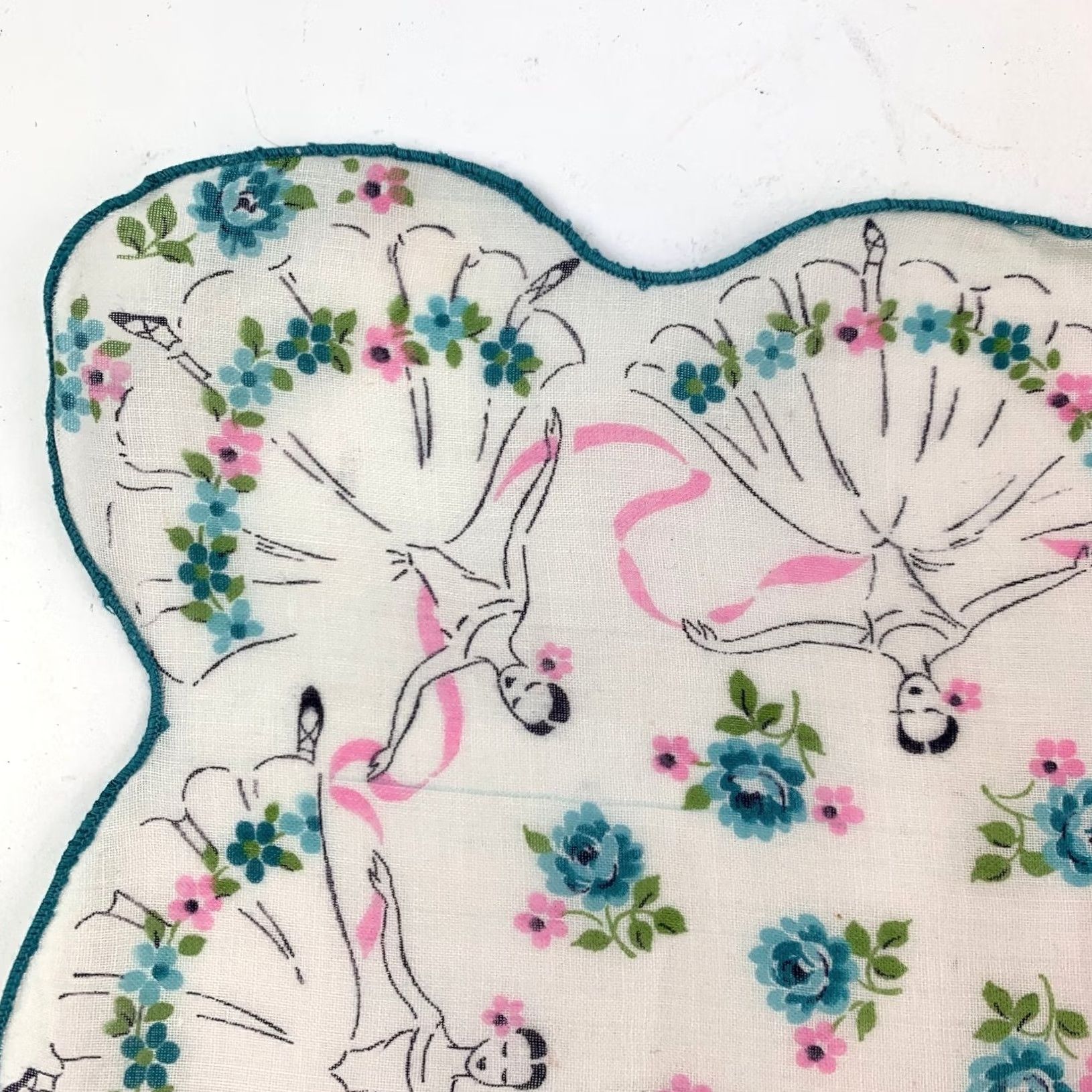 Vintage VINTAGE Handkerchief Ballerina Floral Scalloped White Teal Pink Fabric 12 x 12 Women Size ONE SIZE - 4 Thumbnail