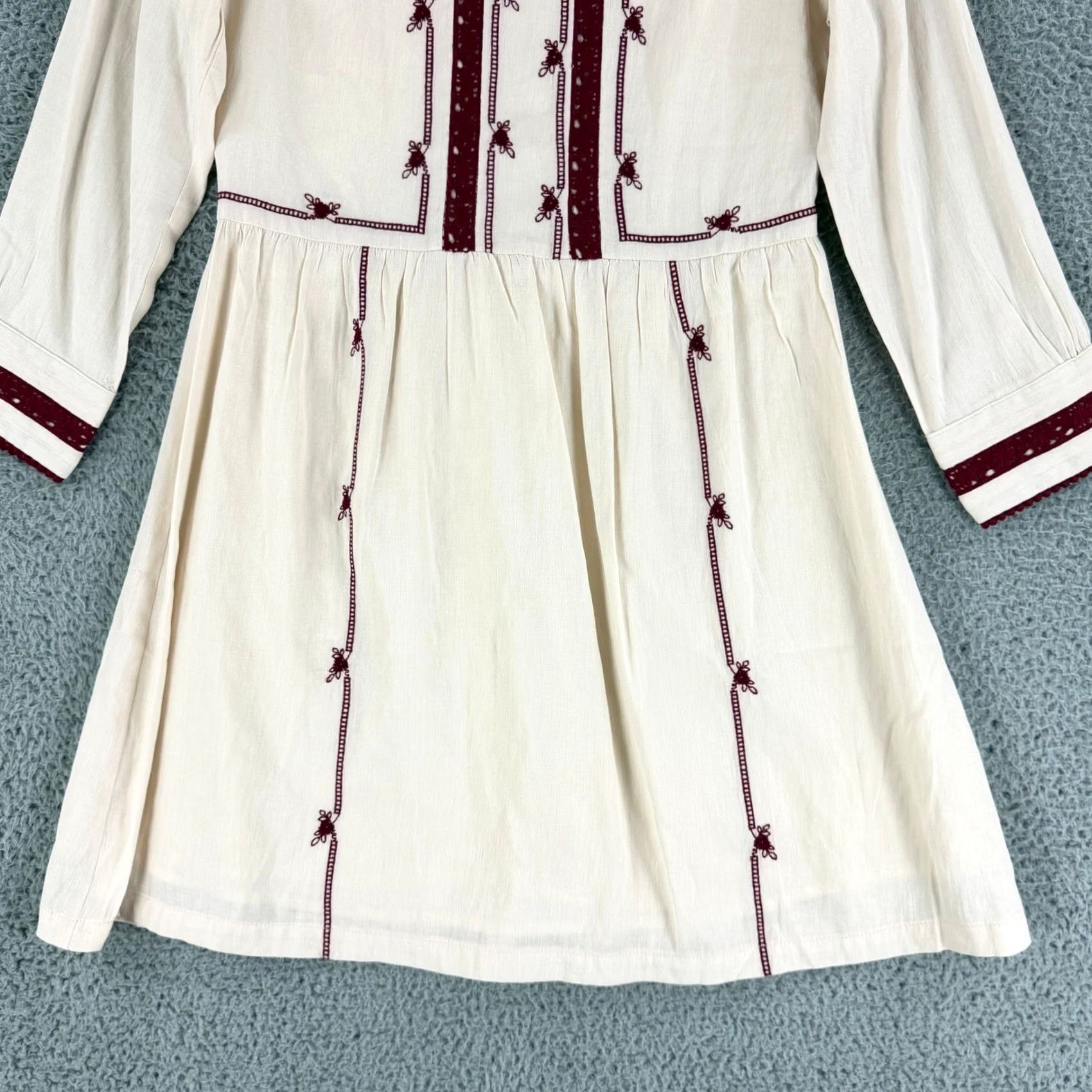 Vintage Current Air Mini Dress Womens M Ivory Burgundy Embroidered Boho Round Neck Long Sleeve A-Line Short Dress Size M / US 6-8 / IT 42-44 - 5 Thumbnail