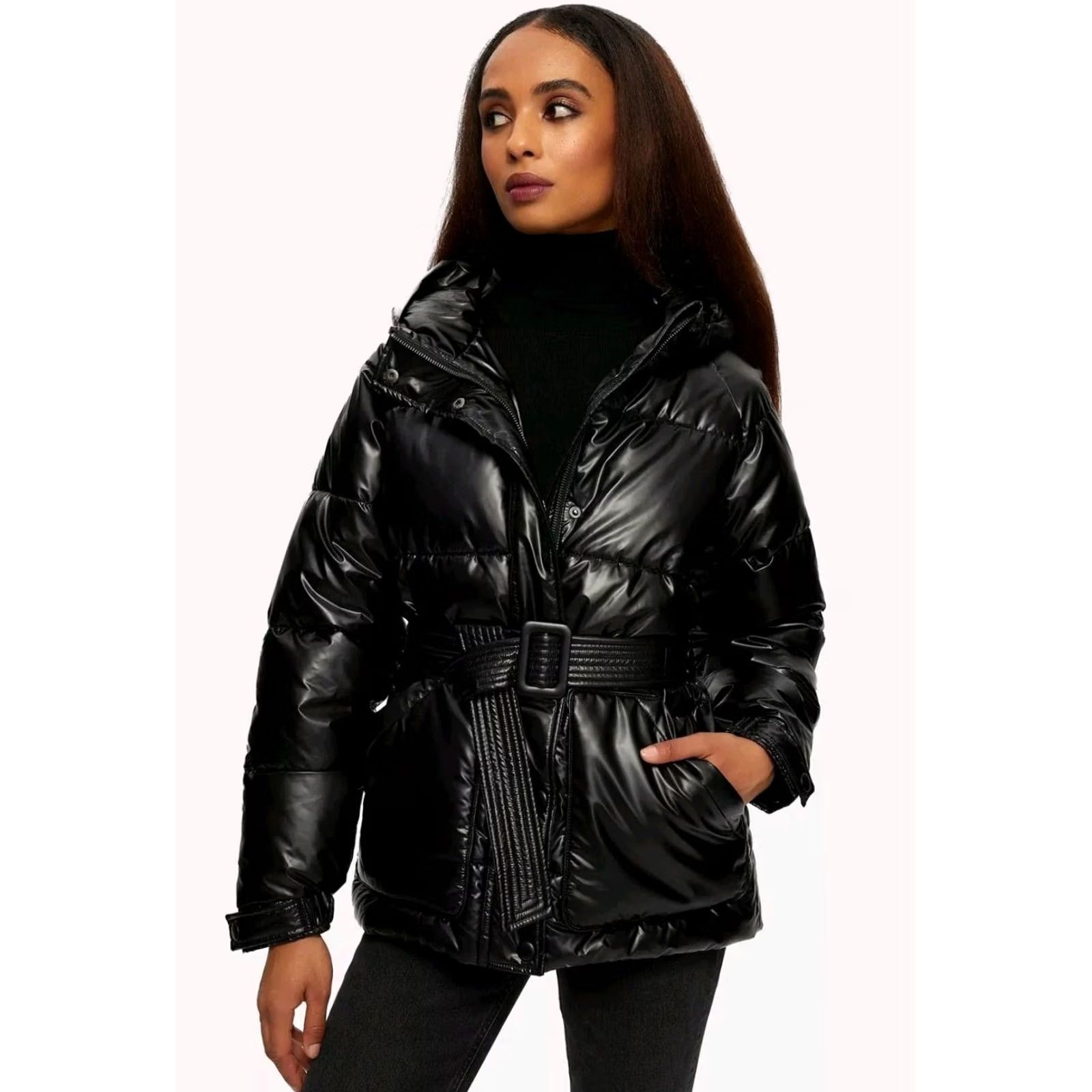 Vintage NOIZE Bonita Short Puffer Jacket Black Metallic Women's L Windproof Water Resistant Incl. Belt Logo Hooded Full Zip Insulated Winter Slim/Regular Fit Size 36" / US 14 / IT 50 - 2 Thumbnail