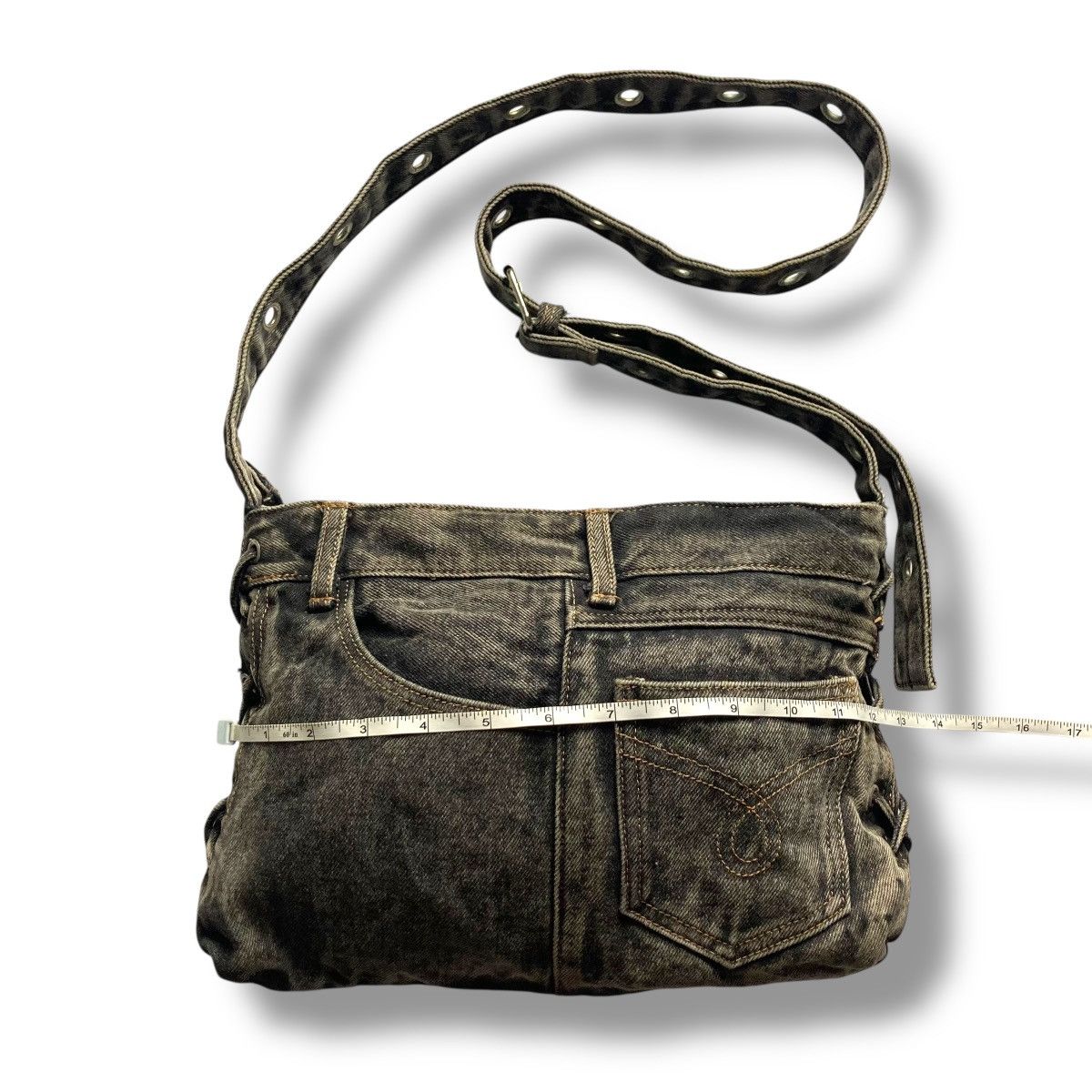 Le Grande Bleu (L.G.B.) Y2K HANDMADE 9 POCKETS LACE UP WASHED DENIM SLING BAG Size ONE SIZE - 2 Thumbnail