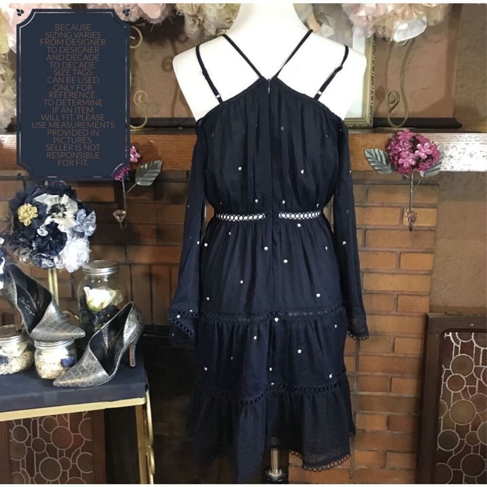 Other Aqua Navy Blue Embroidered Cold Shoulder Mini Dress | Sz S Size S / US 4 / IT 40 - 9 Thumbnail