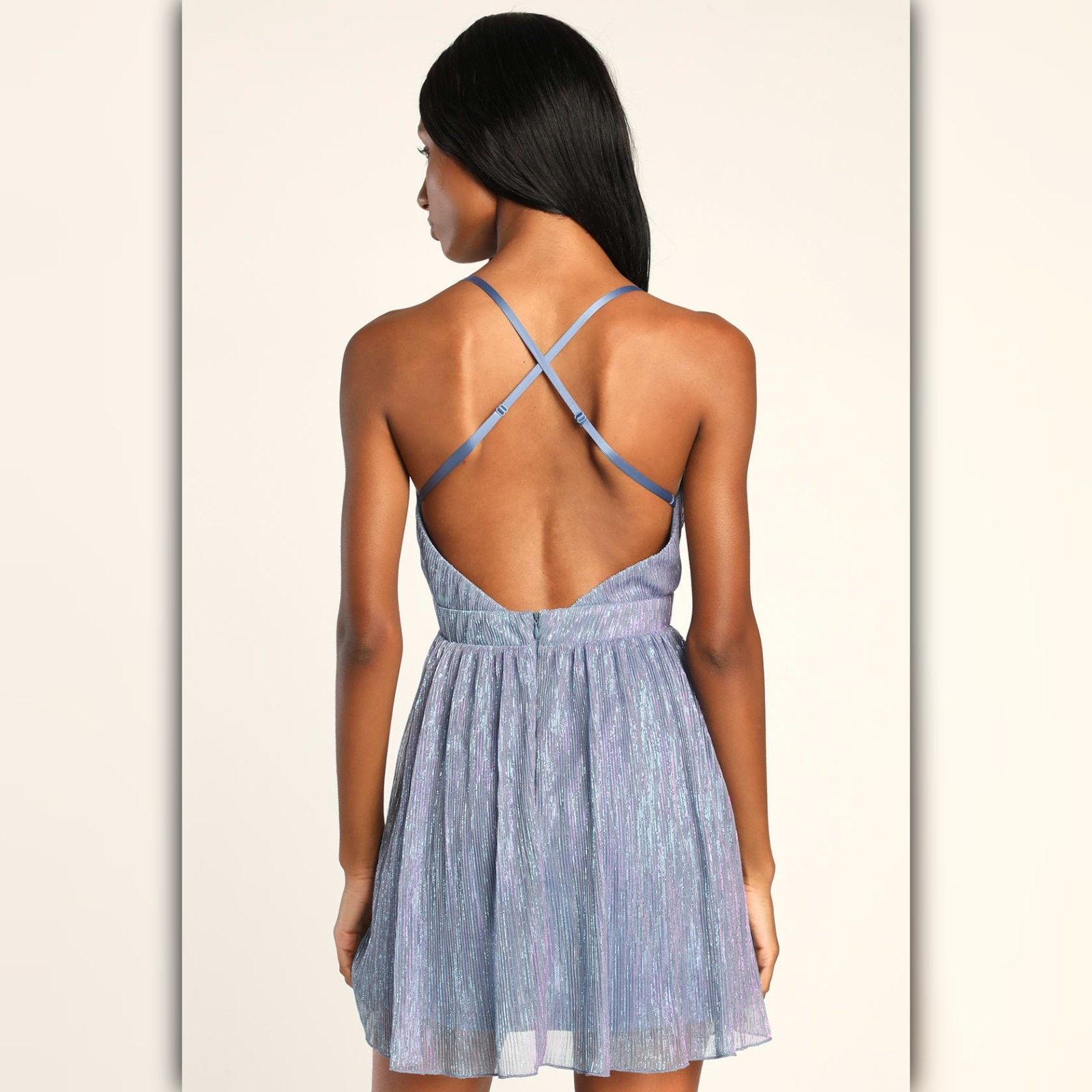 Other • A063 • (XS) Lulus Blue Metallic V-Neck Skater Dress Size XS / US 0-2 / IT 36-38 - 3 Thumbnail