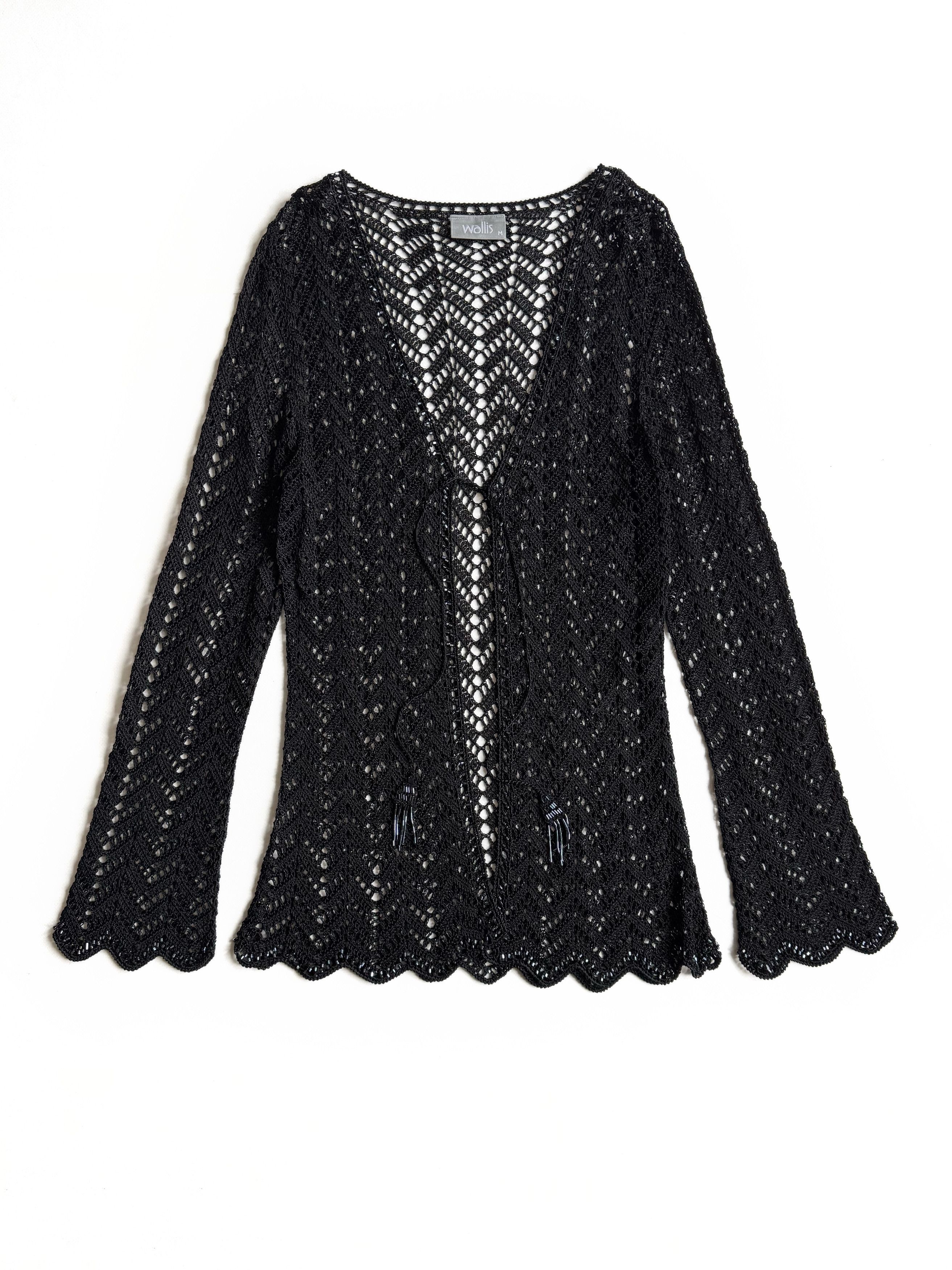 Vintage Vintage Black Crochet Open Knit Tie Front Cardigan (M) Size M / US 6-8 / IT 42-44 - 1 Thumbnail