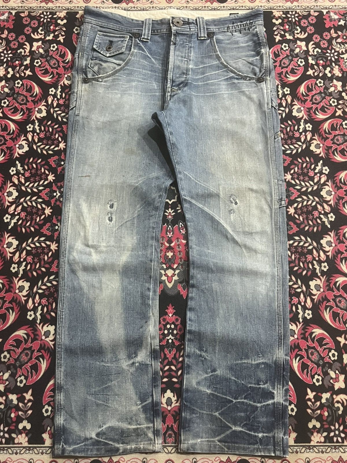 Le Grande Bleu (L.G.B.) Japanese Brand Bartack Cinch Back Whisker Blue Washed Jeans Size US 34 / EU 50 - 1 Thumbnail